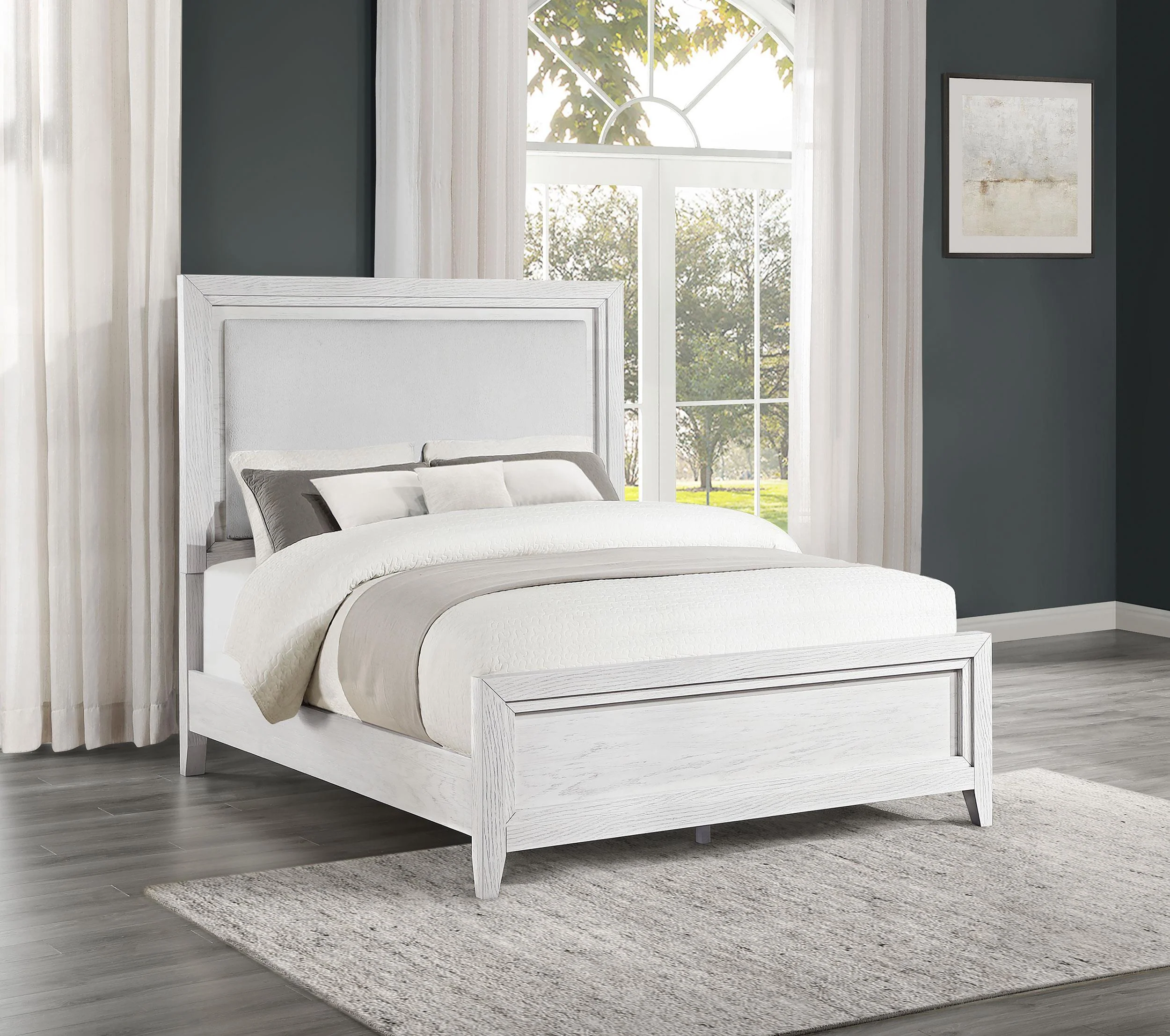 Marielle Queen Upholstered LED Panel Bed Distressed White - Image 2