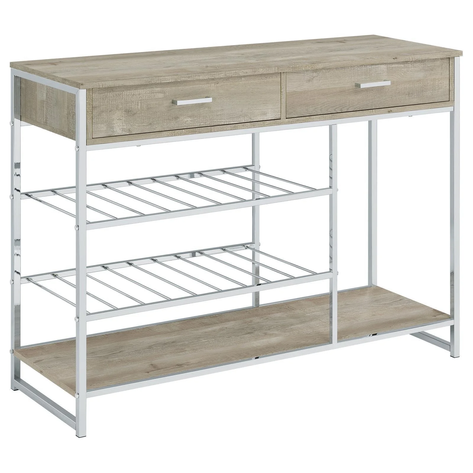 Melrose 2 Shelf Wine Cabinet With 2 Drawers Gray Washed Oak Chrome