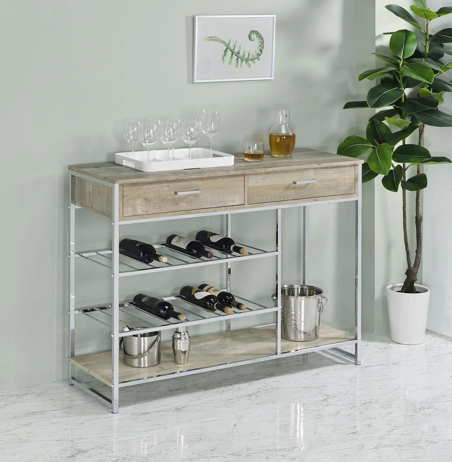 Melrose 2 Shelf Wine Cabinet With 2 Drawers Gray Washed Oak Chrome - Image 2