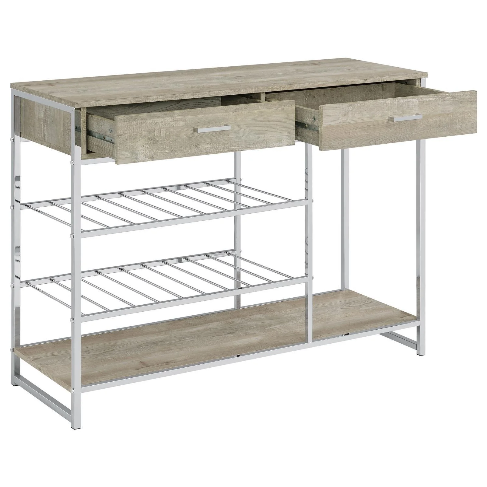 Melrose 2 Shelf Wine Cabinet With 2 Drawers Gray Washed Oak Chrome - Image 3