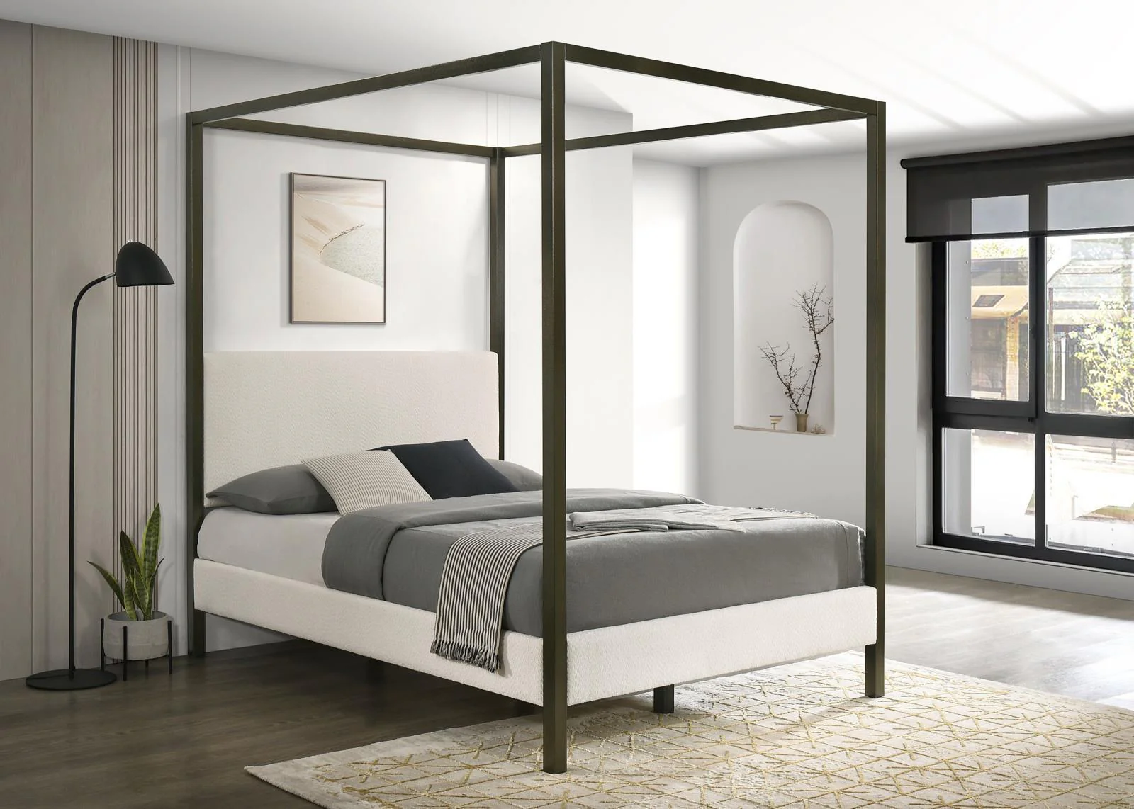 Monroe Upholstered Queen Canopy Platform Bed Vanilla Bronze - Image 1