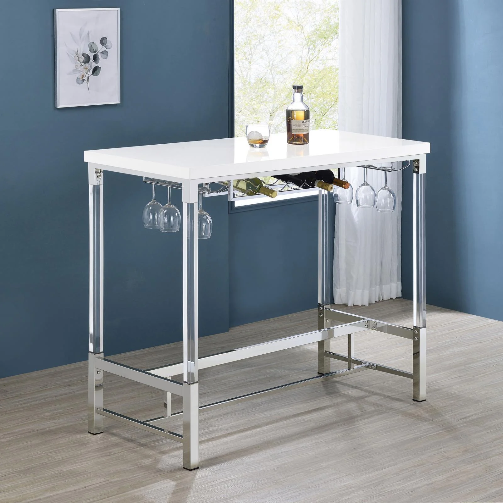 Norcrest Pub Height Bar Table With Acrylic Legs Wine Storage White High Gloss - Image 2