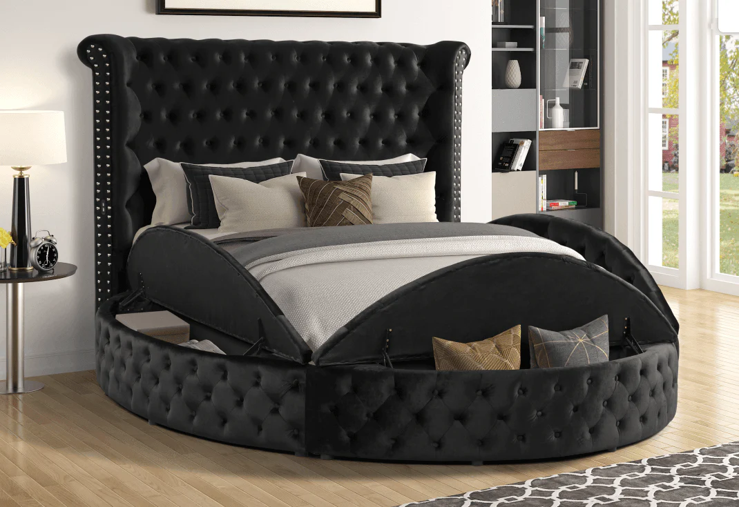Penthouse Black With Usb Velvet Upholstered Tufted Storage King Bed - Image 1