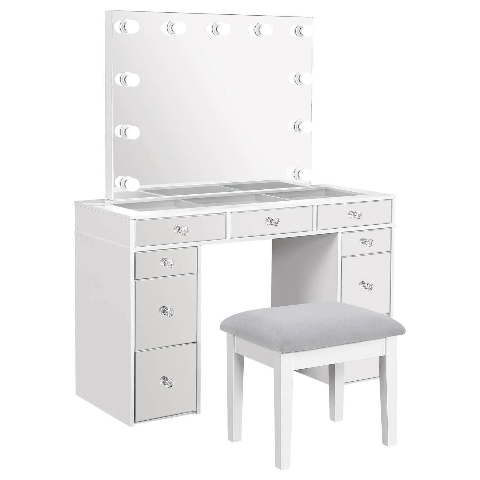 Regina 3-Piece Makeup Vanity Table Set Hollywood Lighting White Mirror