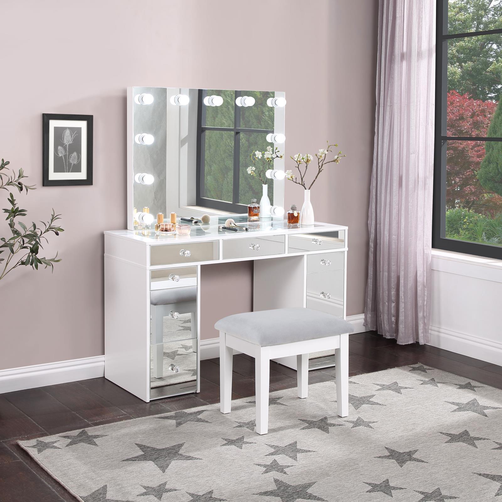 Regina 3-Piece Makeup Vanity Table Set Hollywood Lighting White Mirror - Image 2