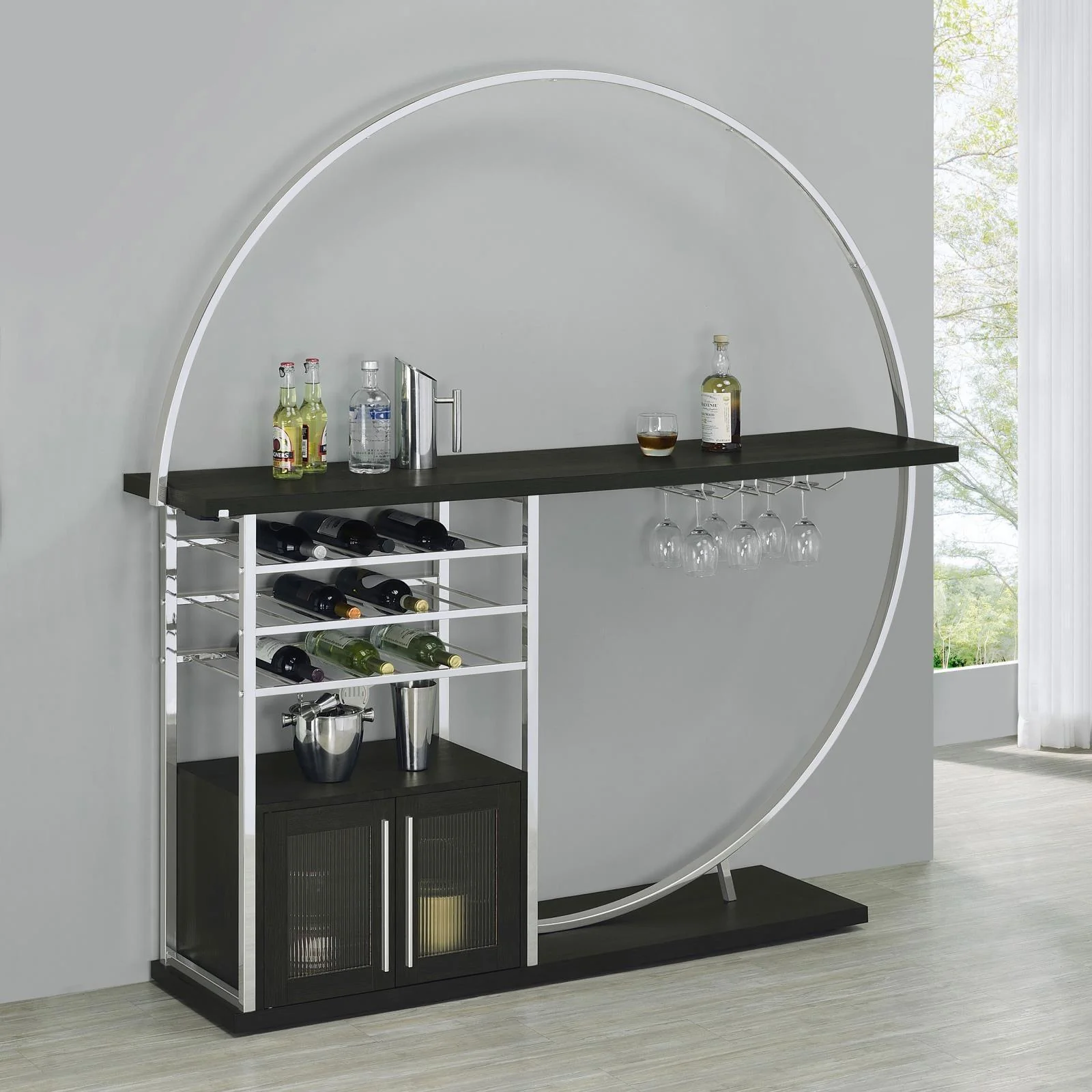 Risley 2 Door Circular LED Home Bar With Wine Storage Dark Charcoal - Image 2
