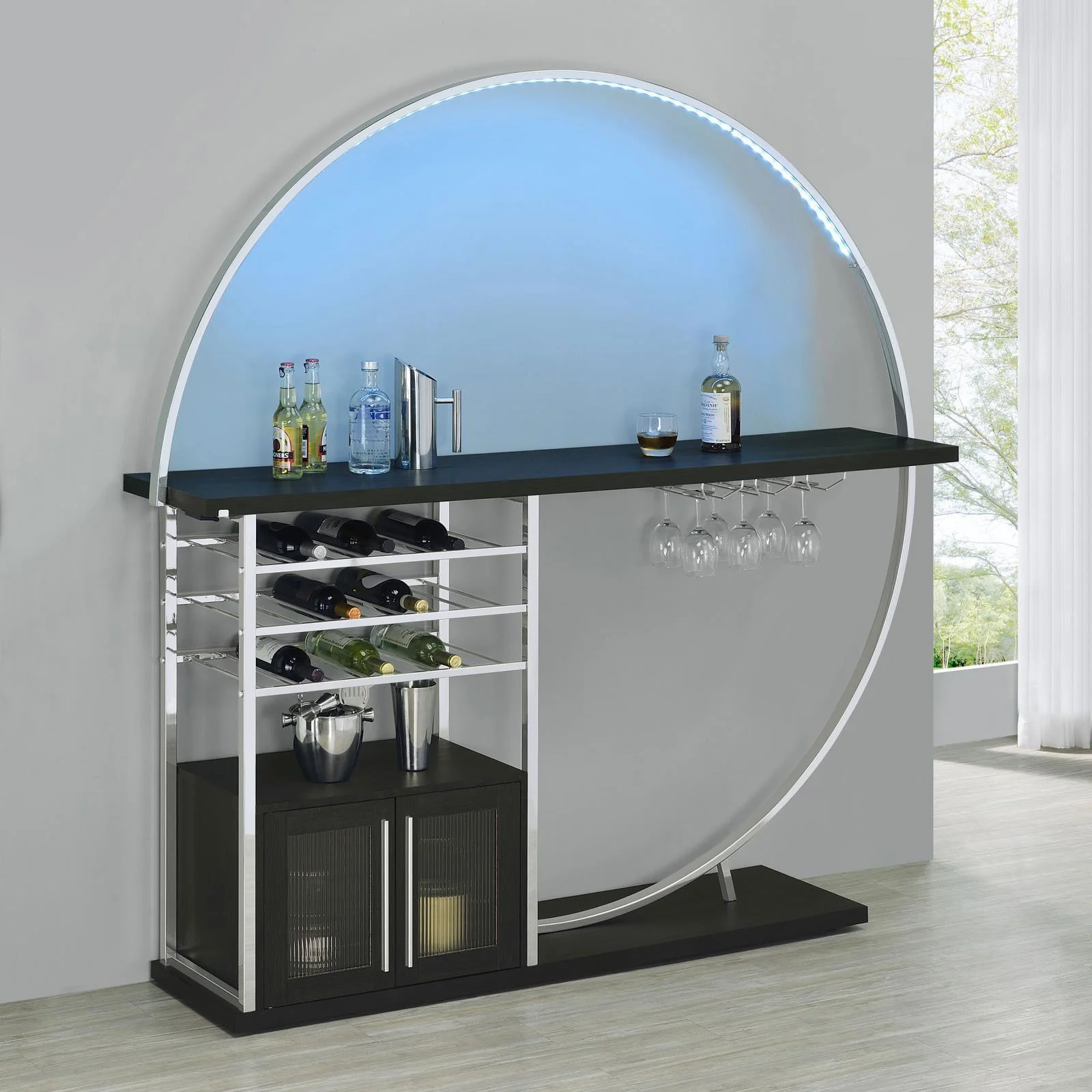 Risley 2 Door Circular LED Home Bar With Wine Storage Dark Charcoal - Image 3