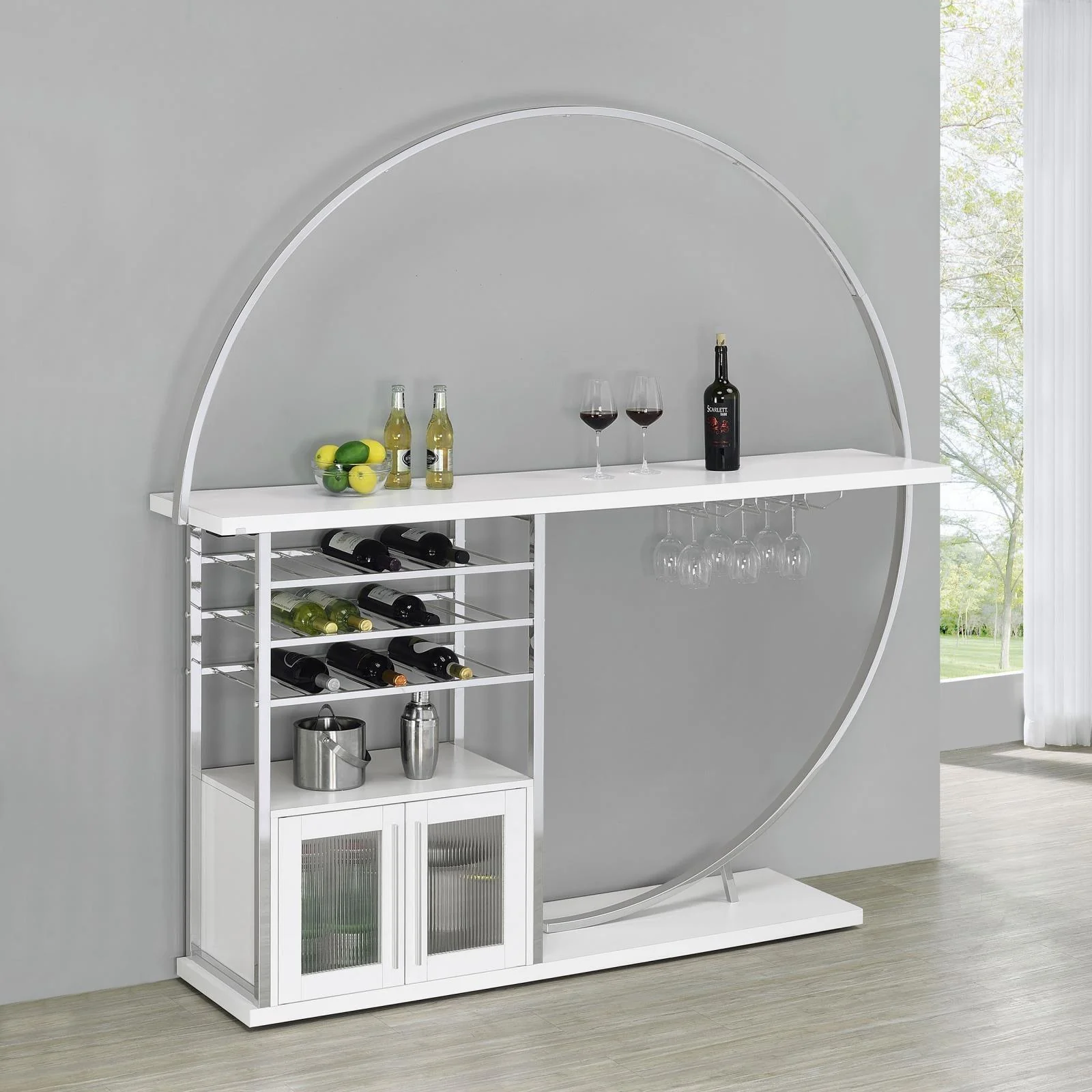 Risley 2 Door Circular LED Home Bar With Wine Storage White High Gloss - Image 2