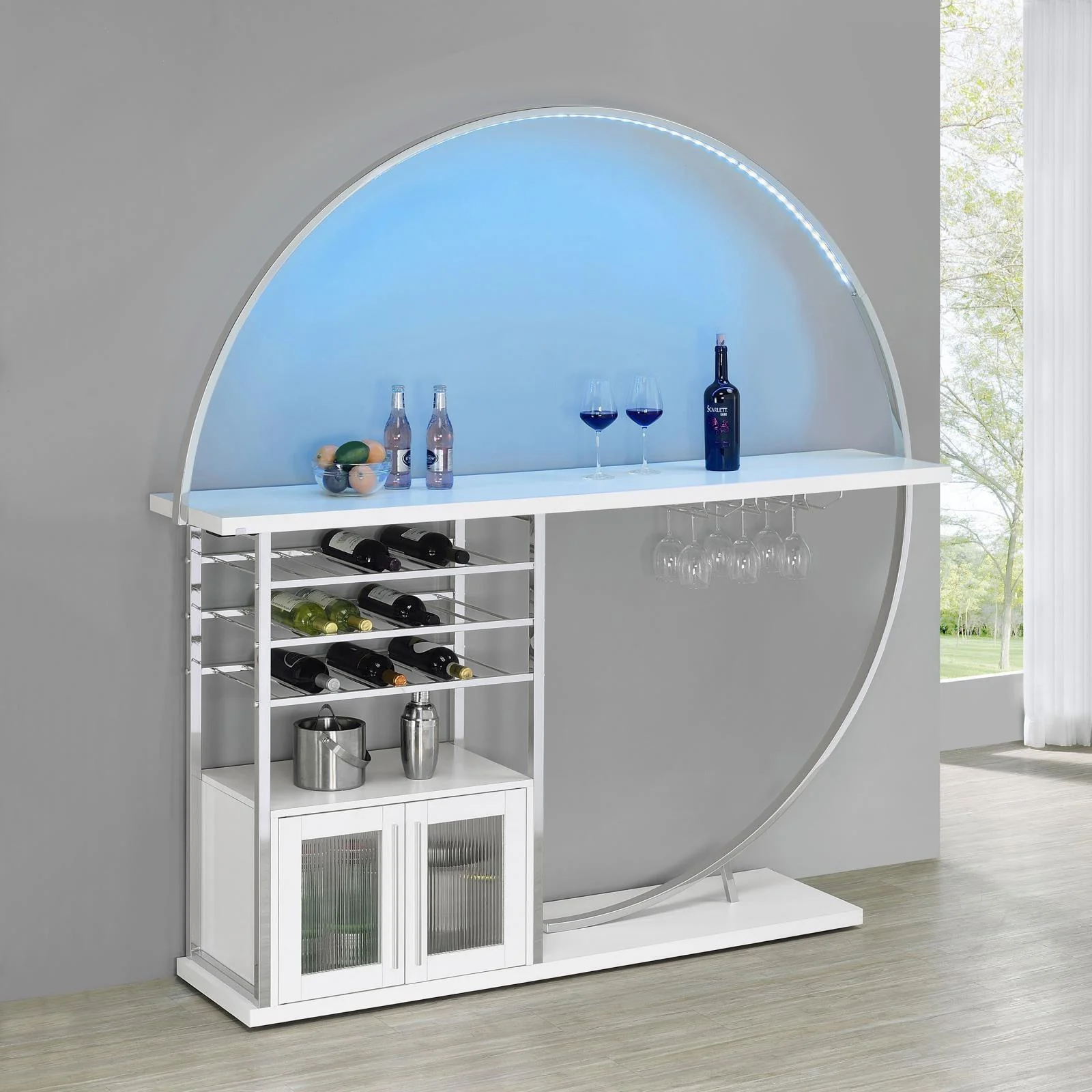 Risley 2 Door Circular LED Home Bar With Wine Storage White High Gloss - Image 3