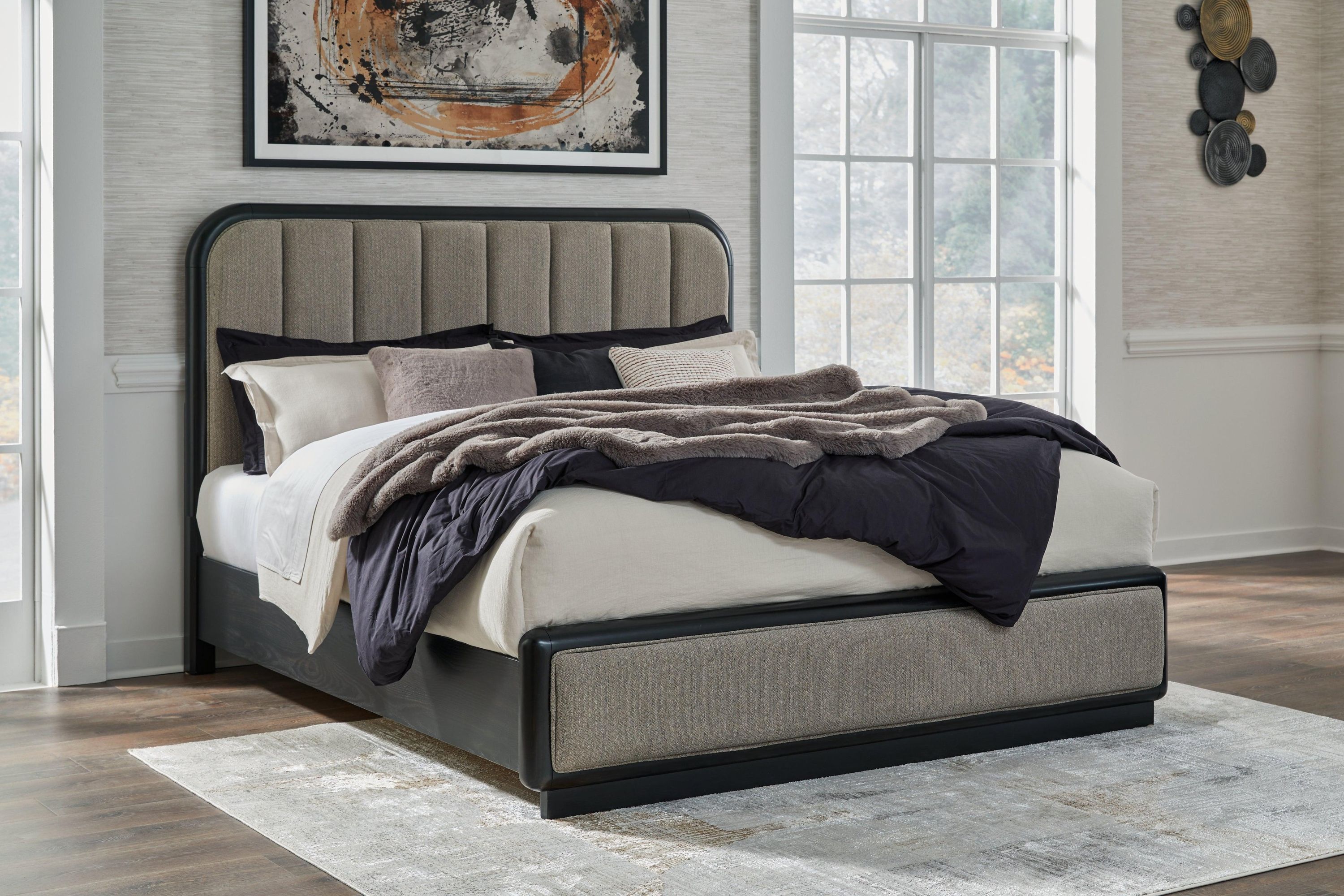 Rowanbeck Gray Black Upholstered Panel Bedroom Set - Image 2