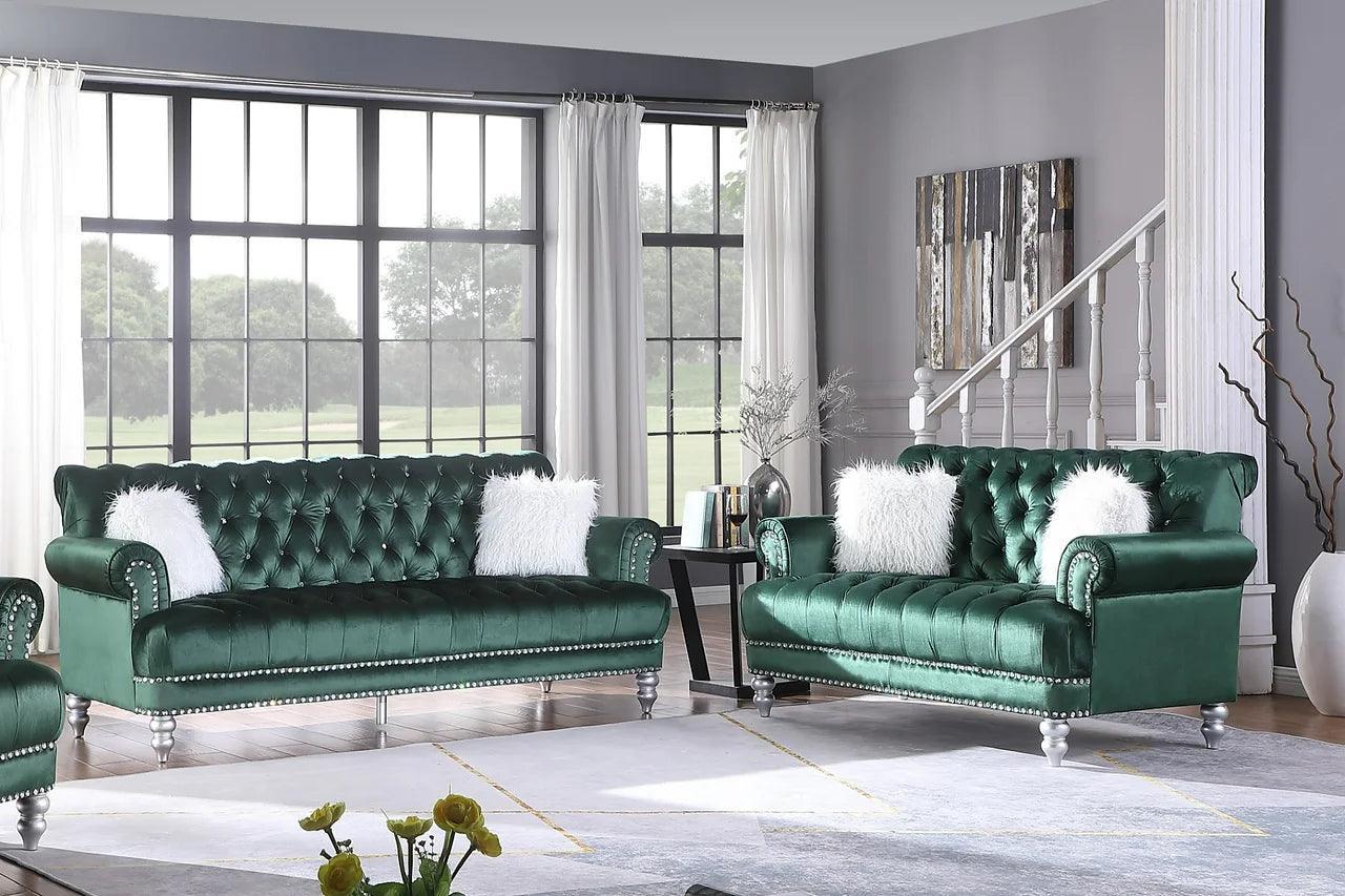 Royal Green Velvet Tufted 2-Piece Living Room Set - Image 1