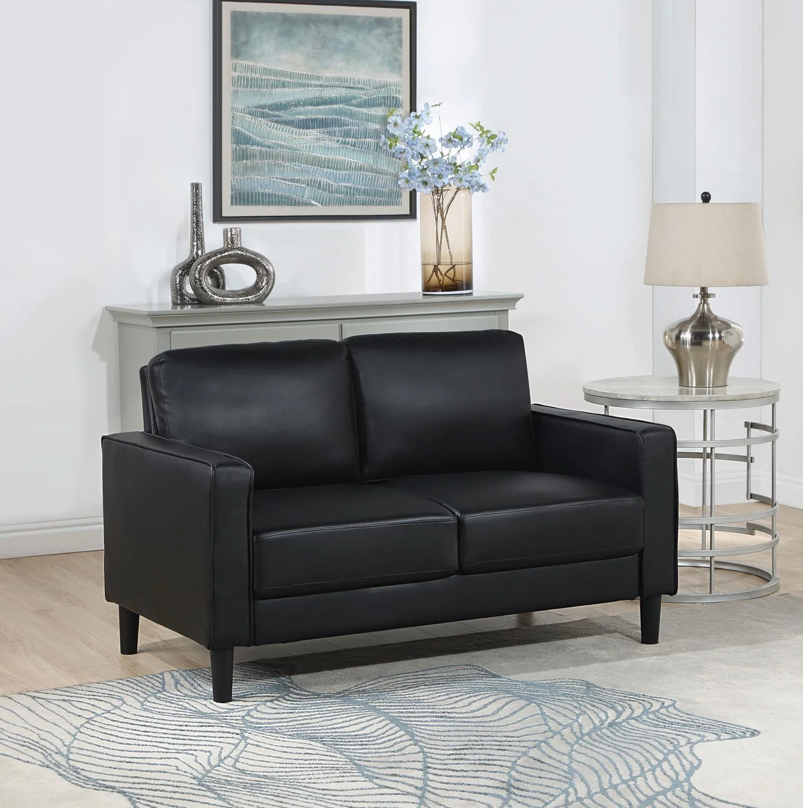 Ruth Upholstered Track Arm Faux Leather Loveseat Black - Image 2