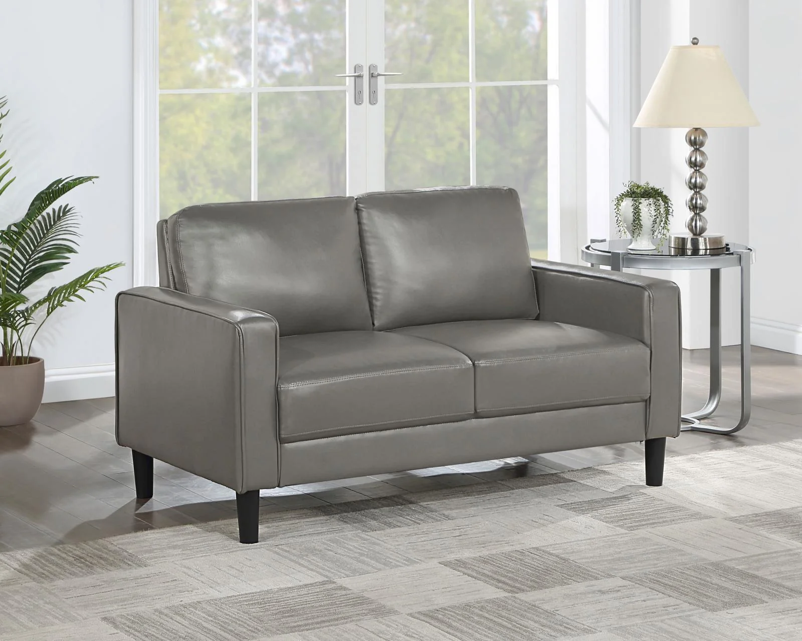 Ruth Upholstered Track Arm Faux Leather Loveseat Grey - Image 2