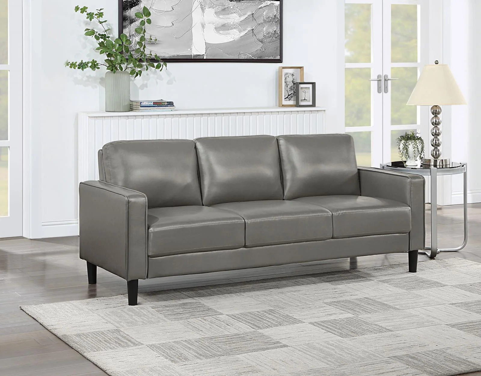 Ruth Upholstered Track Arm Faux Leather Sofa Grey - Image 1