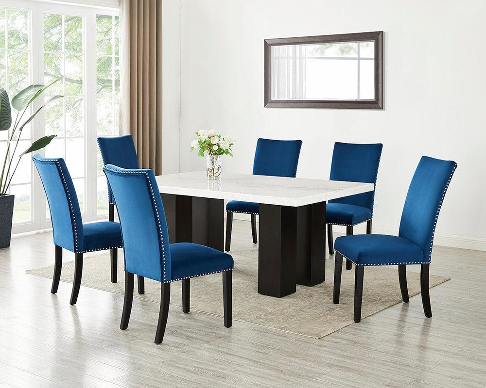 Finl Blue Parsons Velvet Genuine Marble Dining Room Set - Image 1
