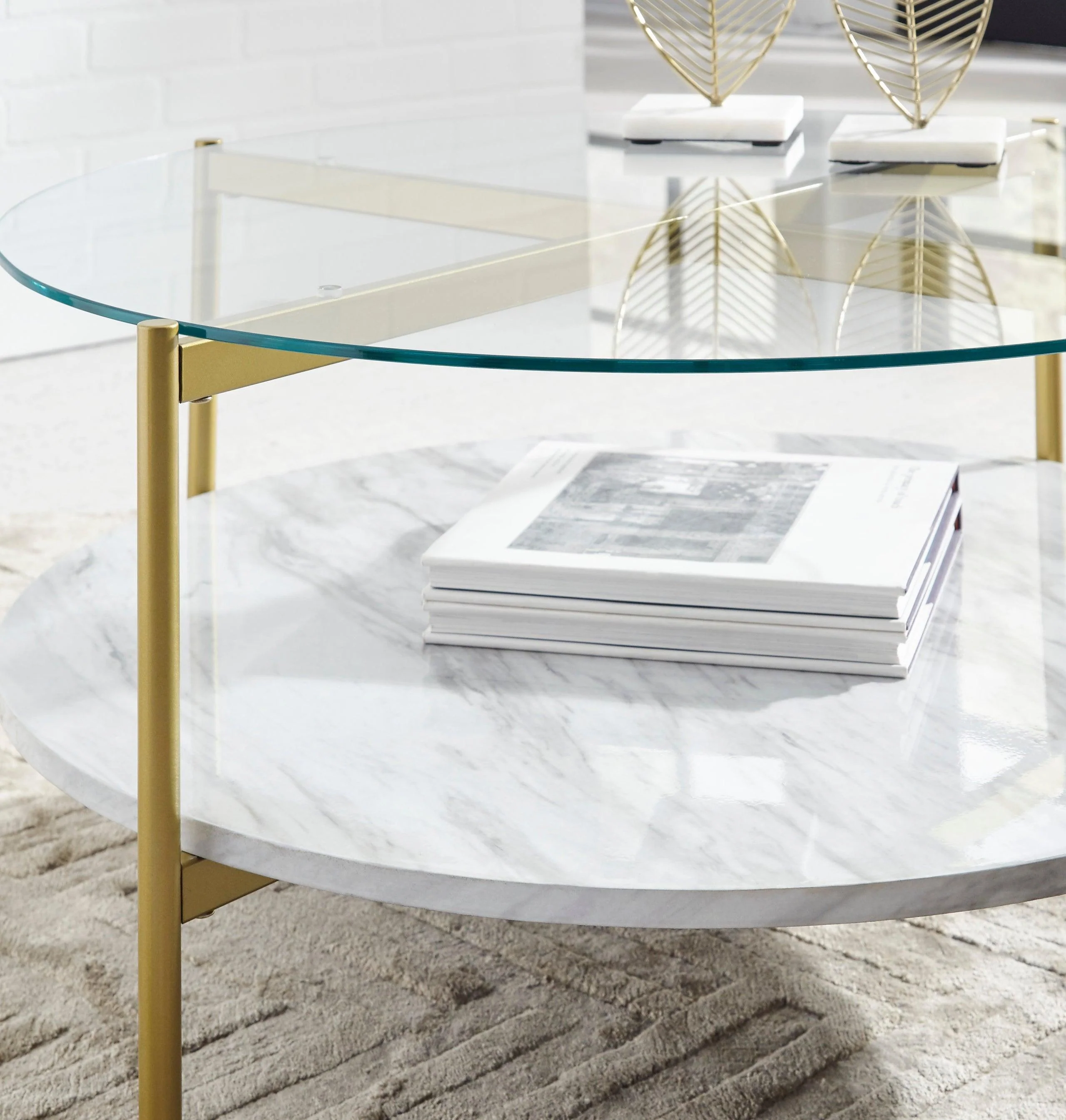 Wynora Gold White Glass Marble Round Cocktail Table - Image 3