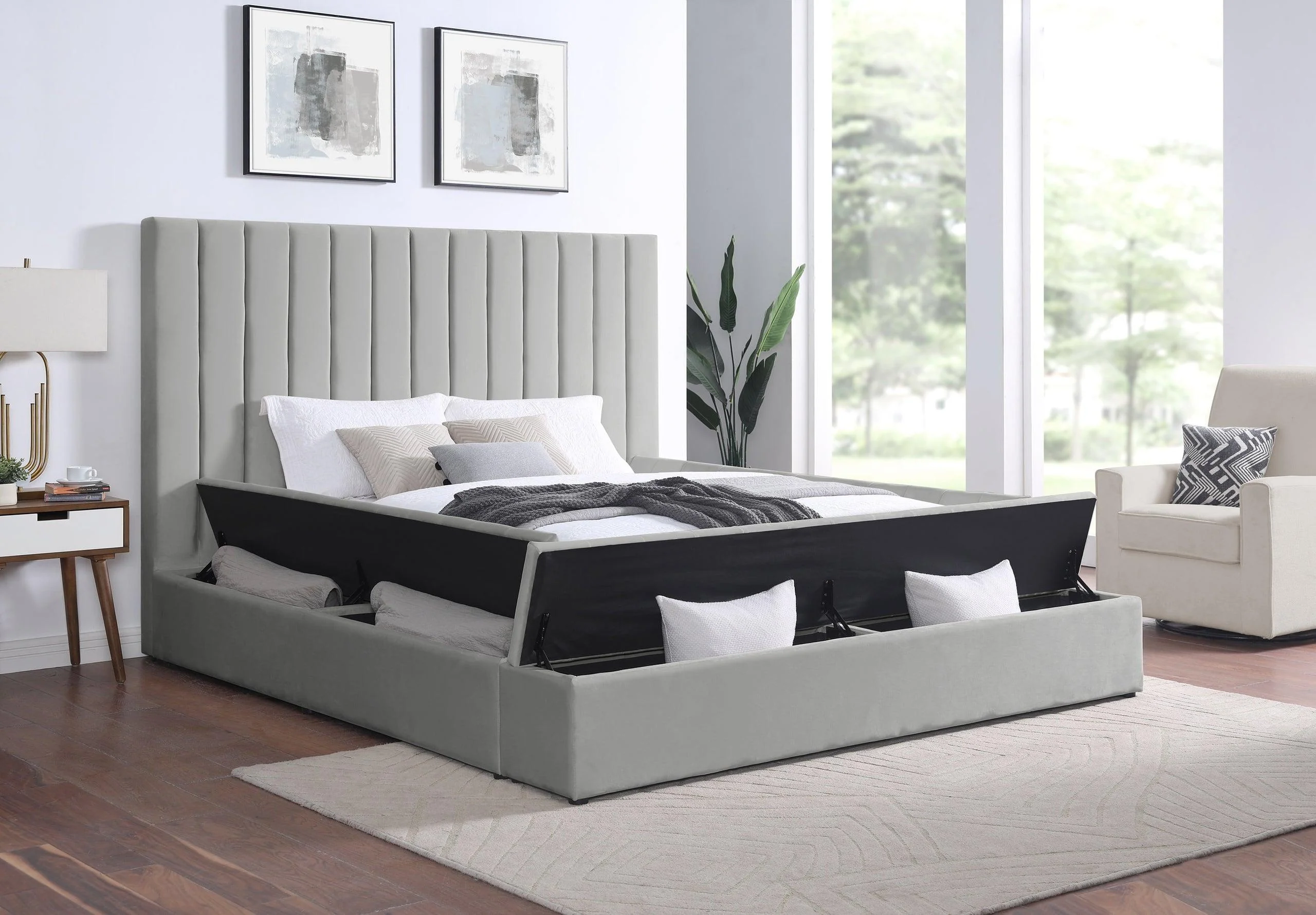France Gray Velvet Upholstered Storage Platform King Bed - Image 2