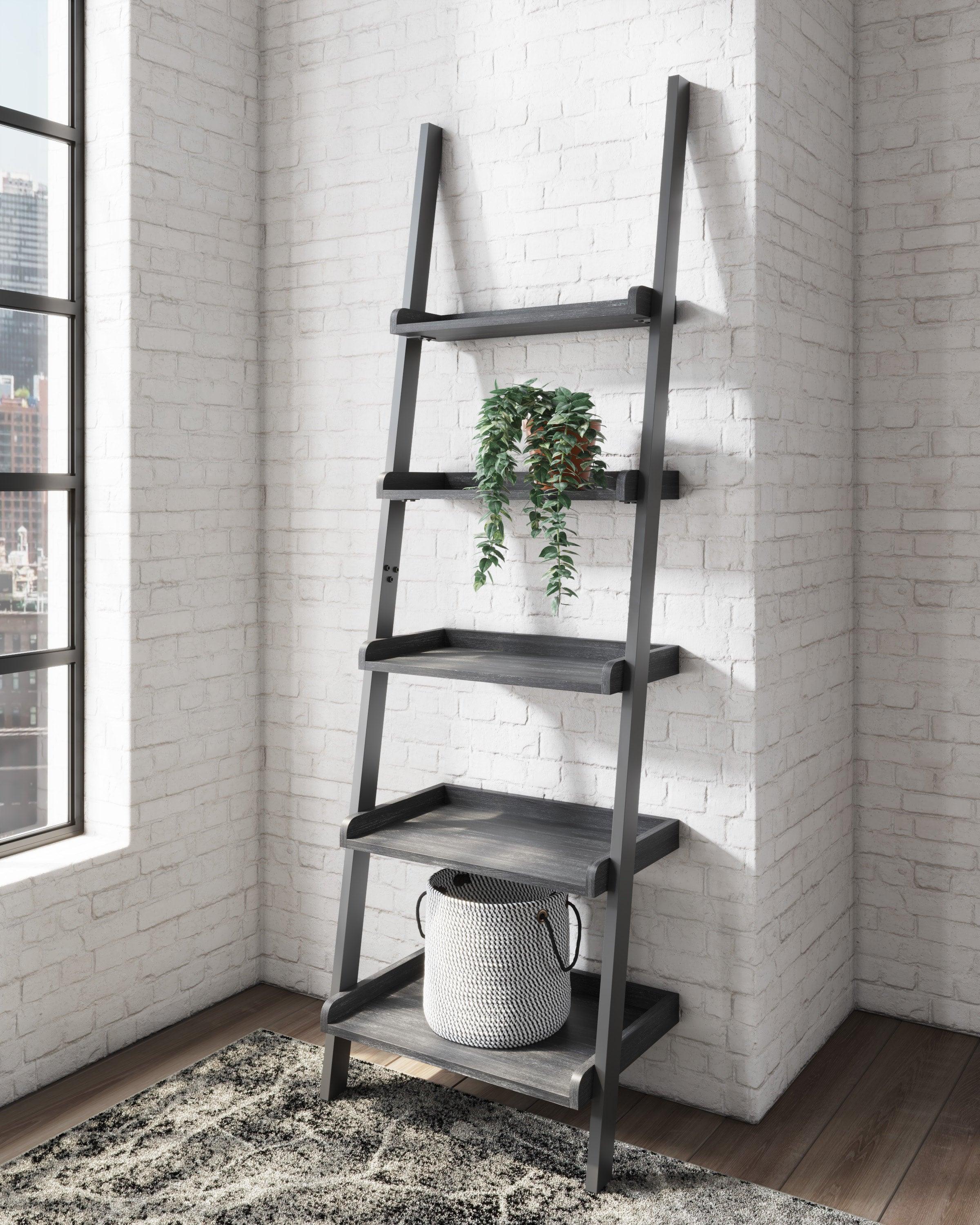 Yarlow Black Engineered Dark Grain Leaning Ladder 5 Shelves Bookcase - Image 2