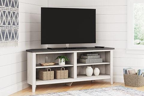 Dorrinson Antique White Two-toned Corner TV Stand With Cabinet - Image 1