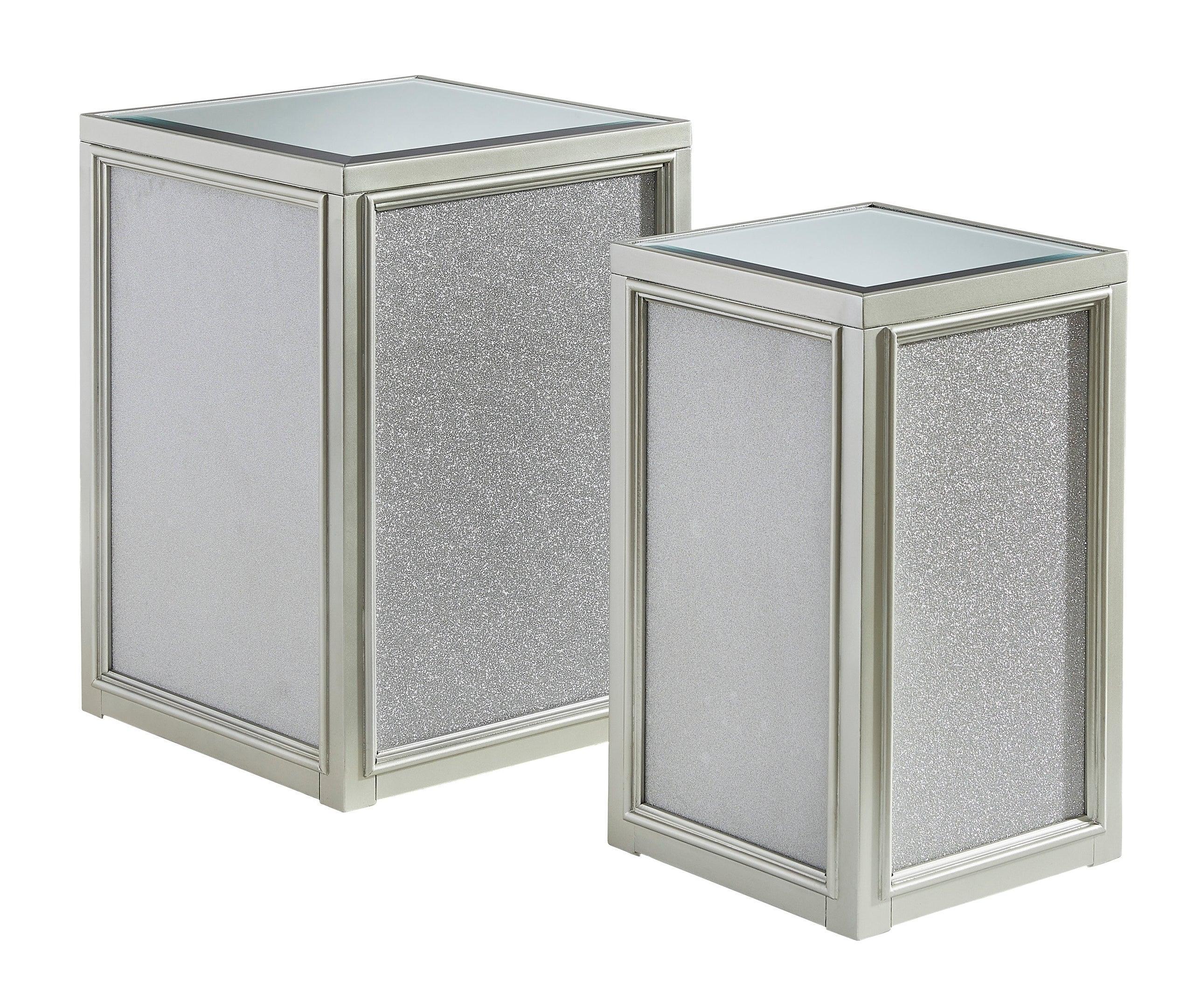 Traleena Silver Glass Rectangular Square Nesting End Table Set with Storage Mirrored - Image 2