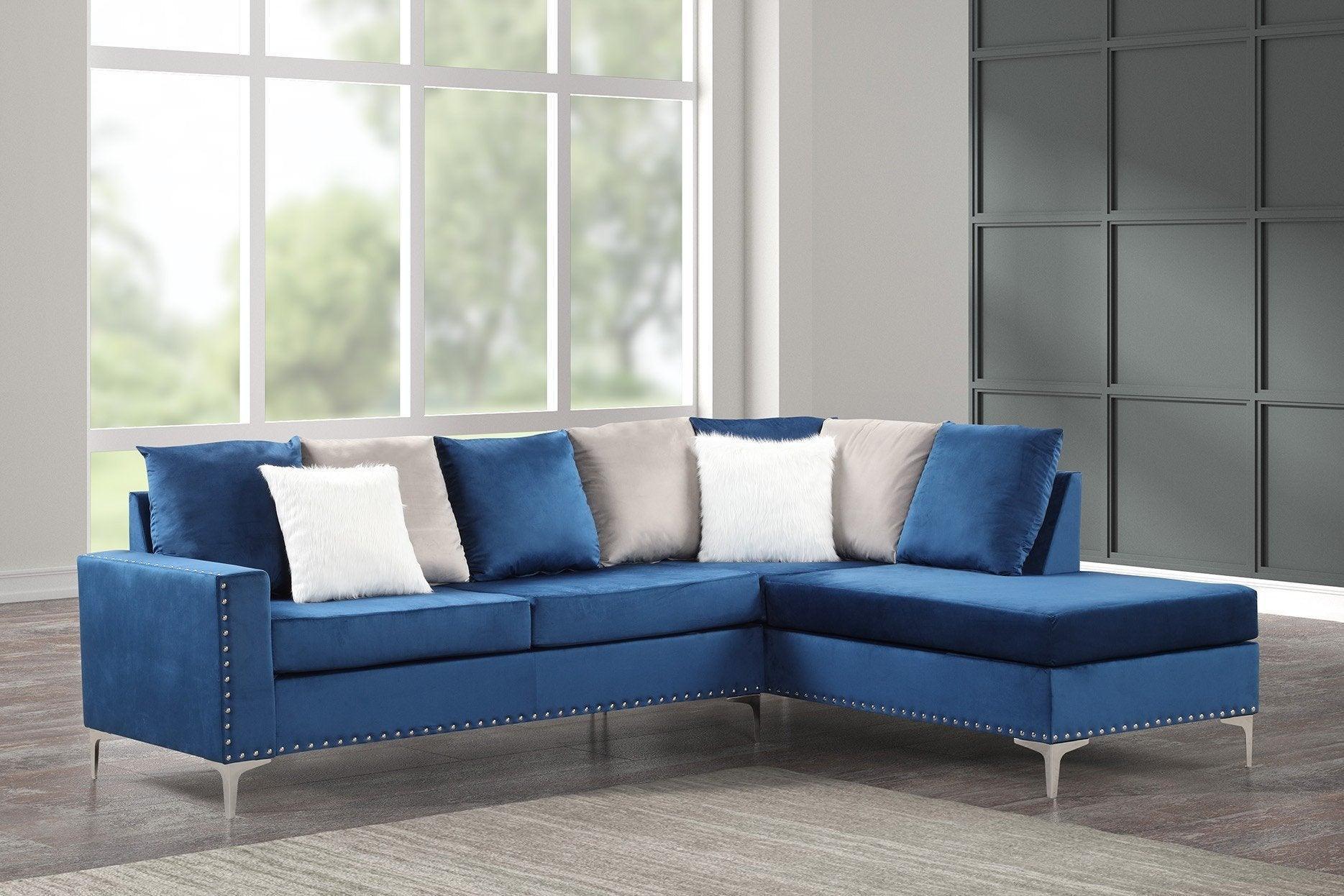 Cindy Blue Velvet Upholstered Reversible Sectional - Image 1