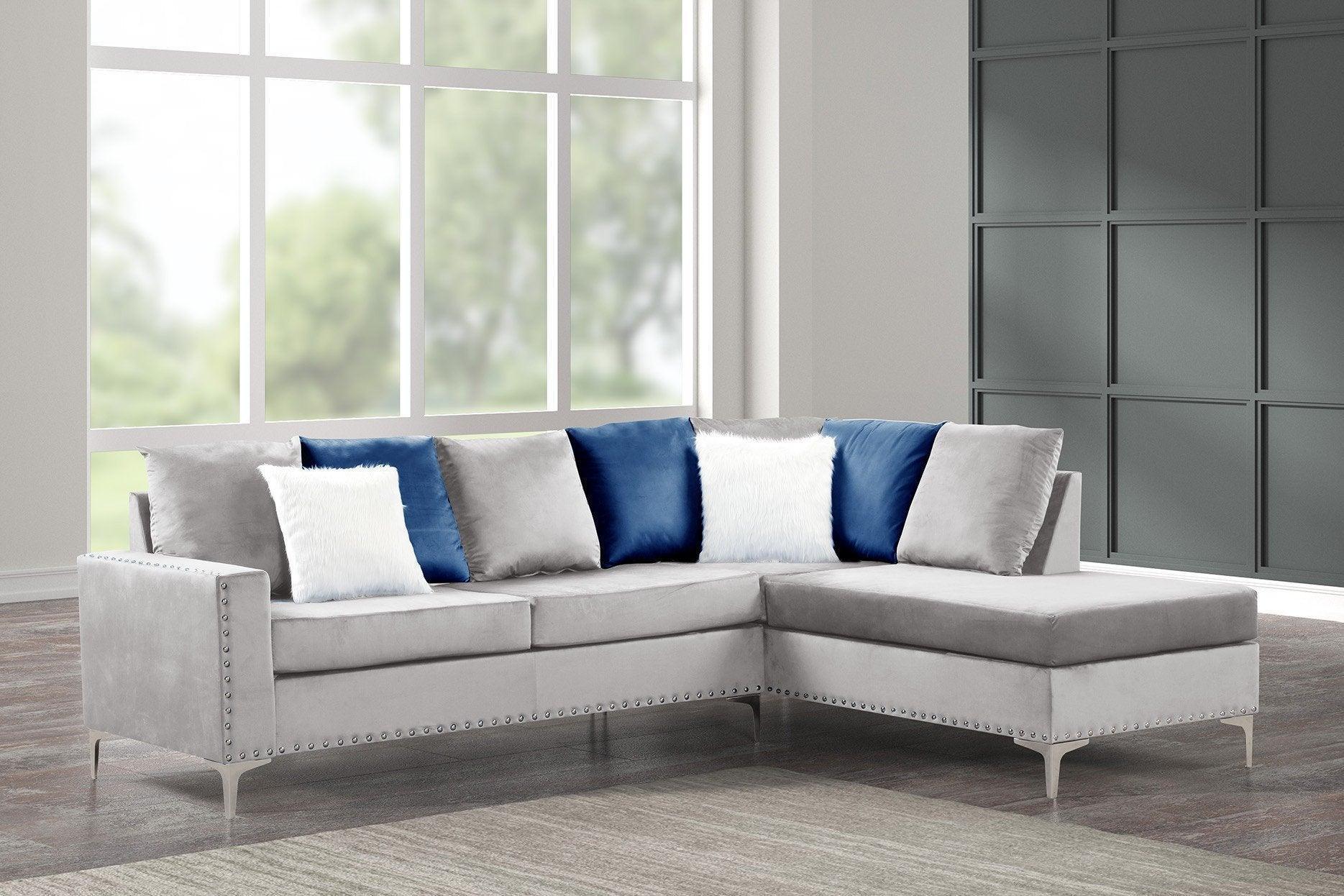 Cindy Silver Velvet Upholstered Reversible Sectional - Image 1