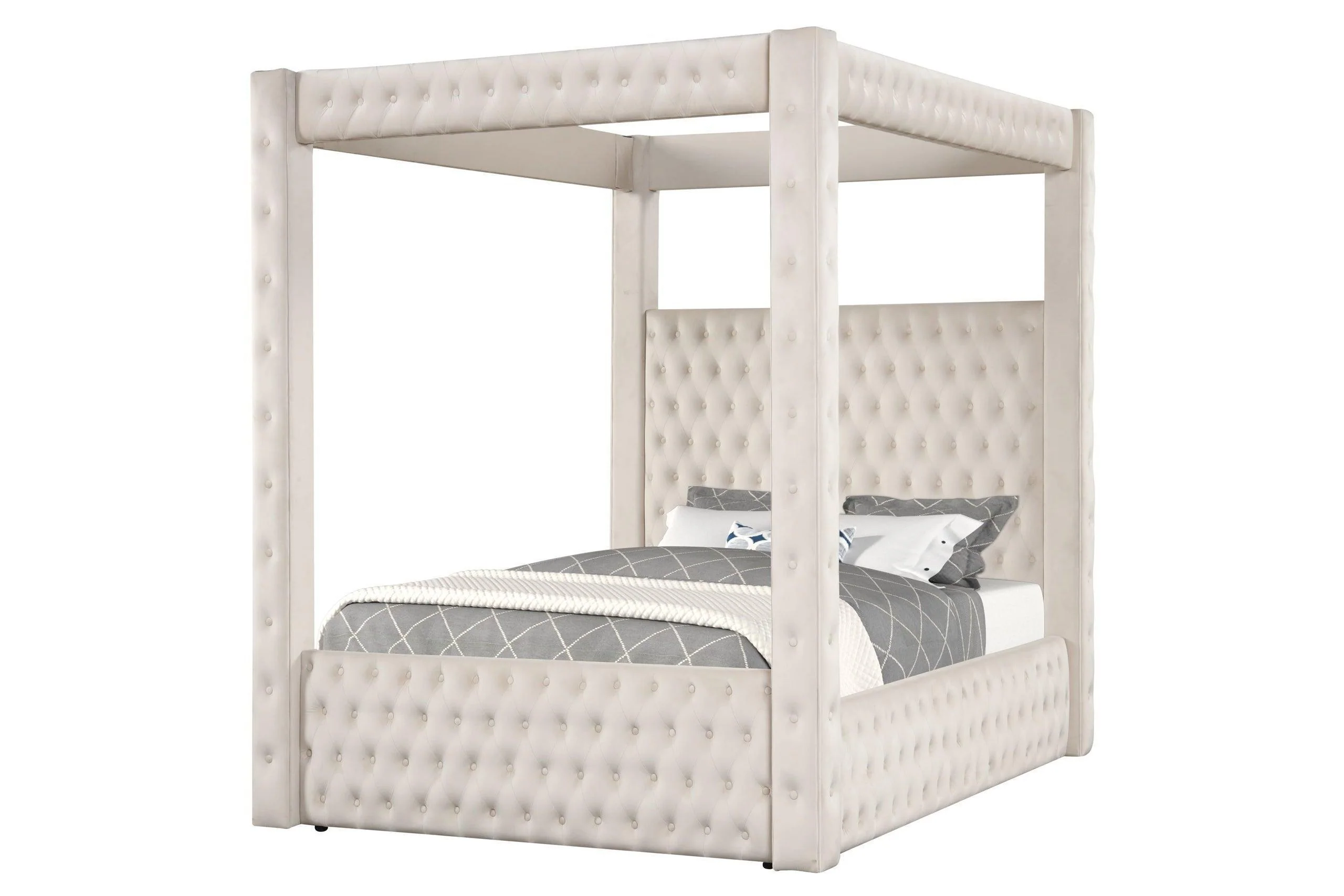 Castle Cream Velvet Upholstered Tufted Platform Queen Bed - Image 2