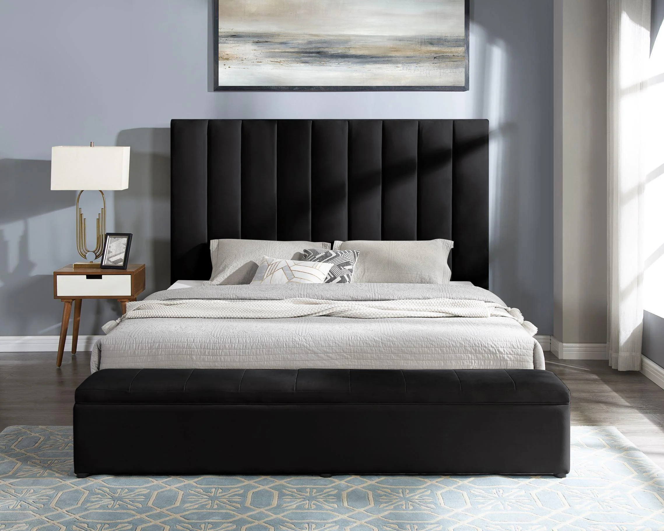 Valencia Black Velvet Upholstered Platform Queen Bed - Image 2