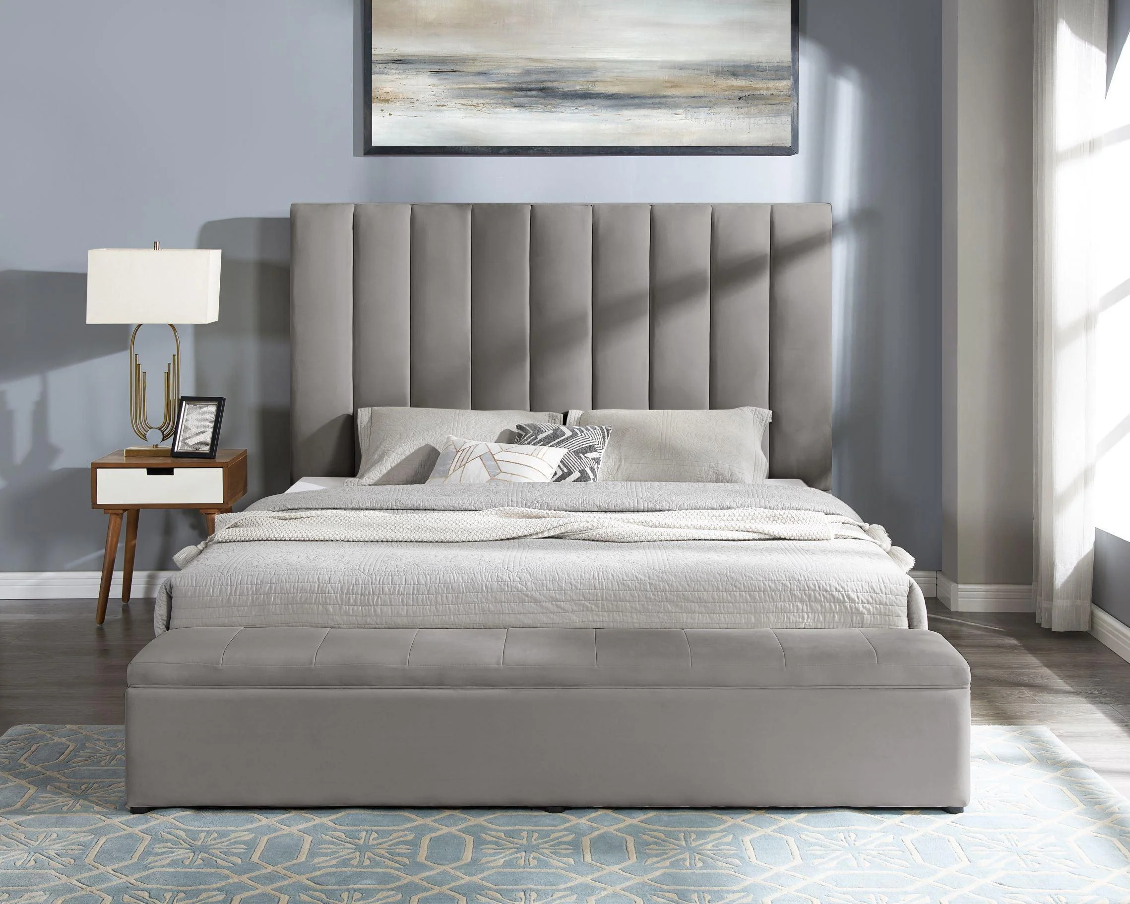 Valencia Gray Velvet Upholstered Platform King Bed - Image 2