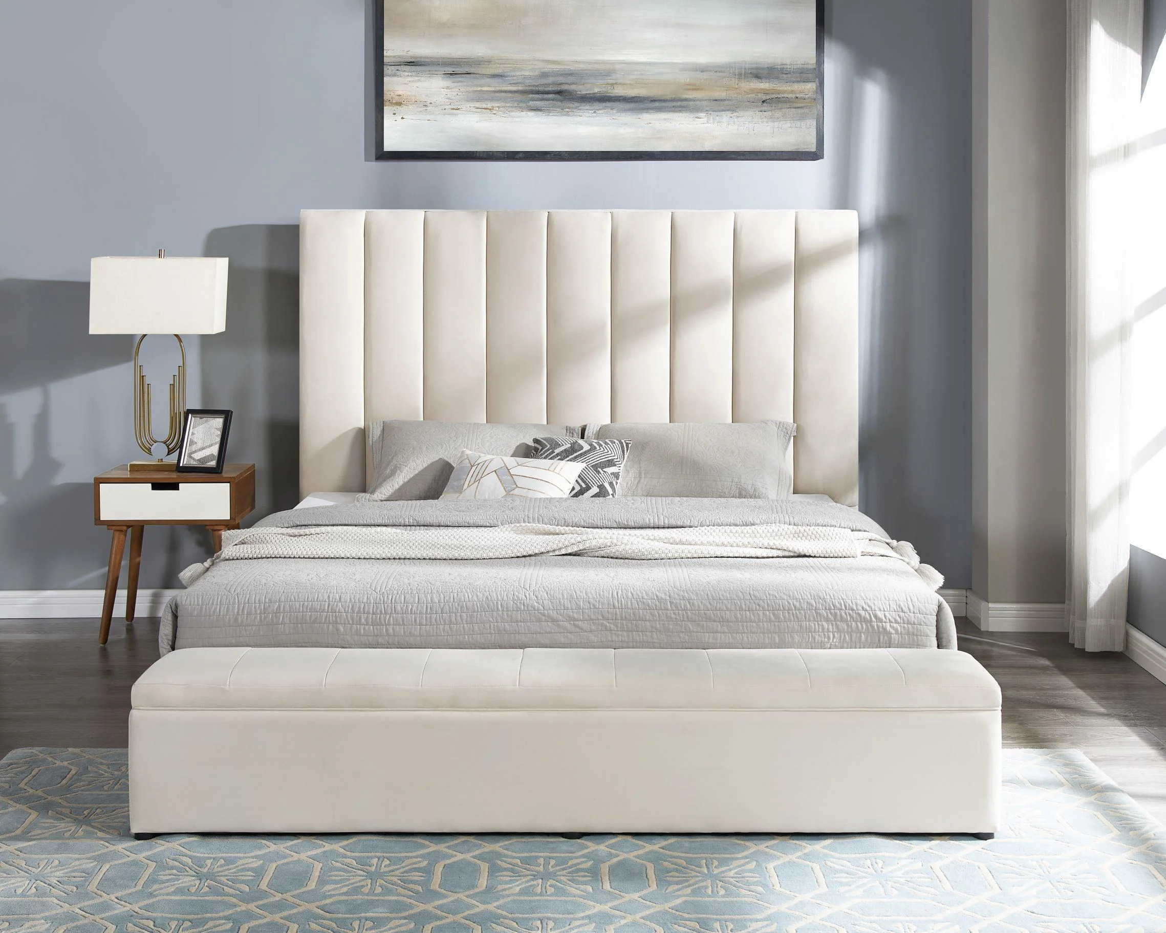 Valencia Beige Velvet Upholstered Platform King Bed - Image 2