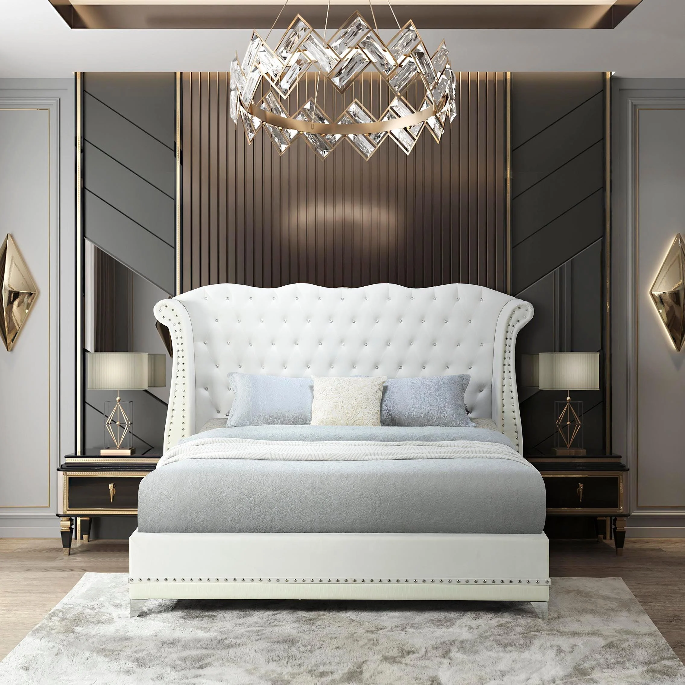 Luxor White Velvet Upholstered Tufted Platform Queen Bed - Image 3