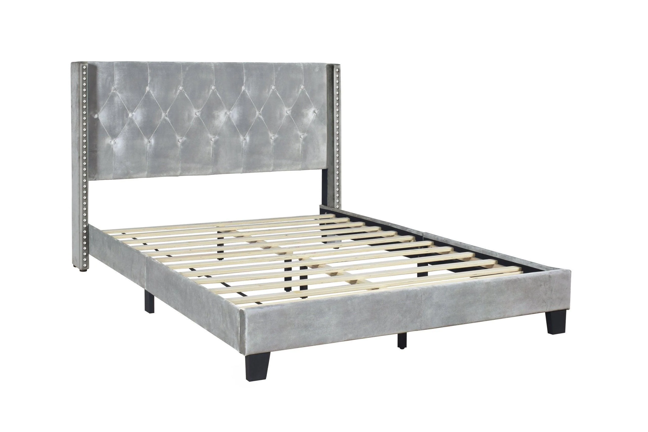Silver Velvet Upholstered Tufted Platform Queen Bed - Image 2