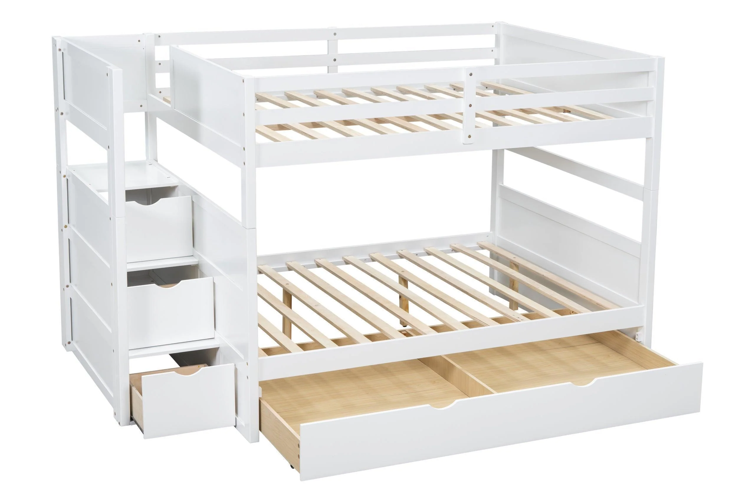 White Full Over Full Trundle Staircase Storage Bunk Bed - Image 2