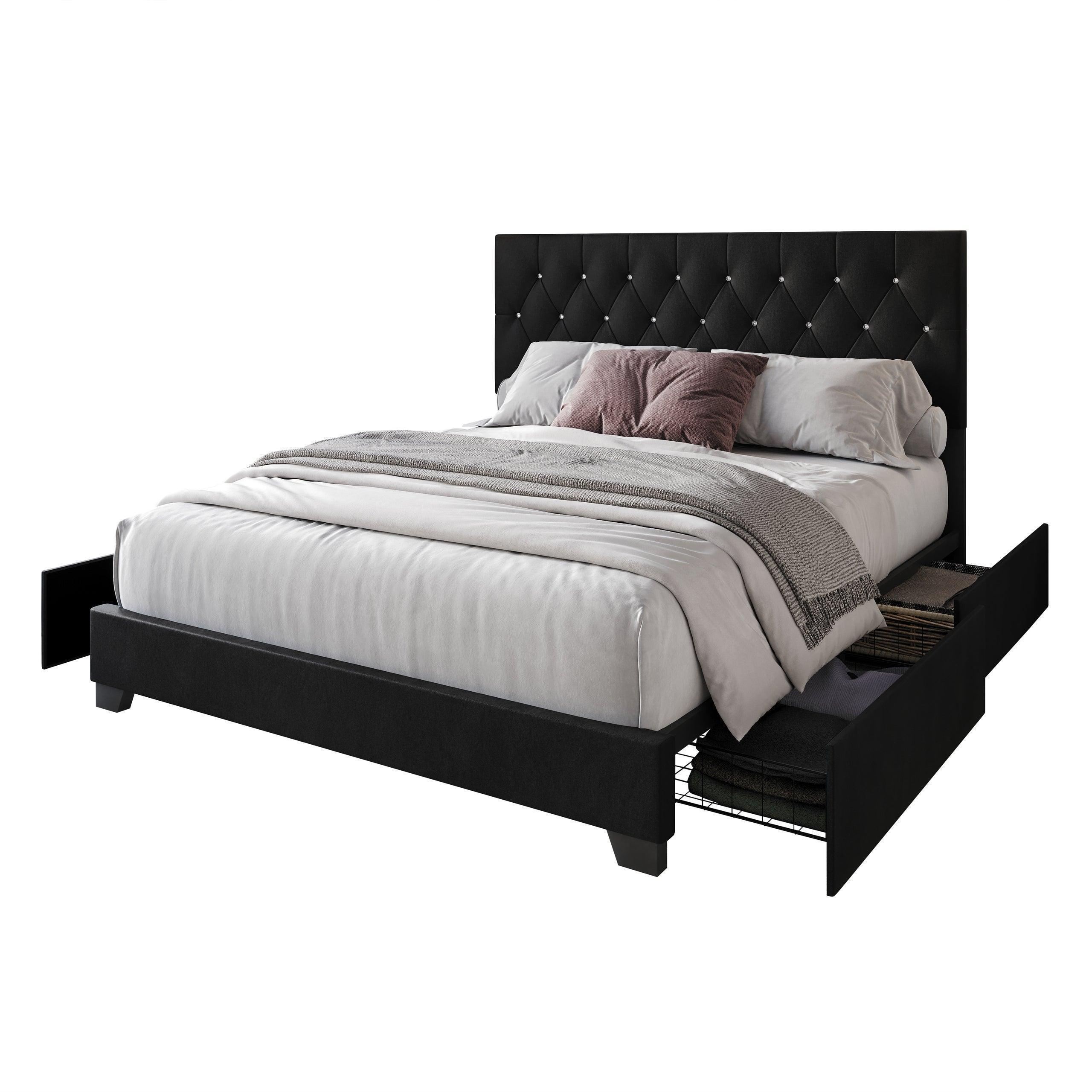 Saddy Black Velvet Upholstered Tufted Platform Queen Bed - Image 2