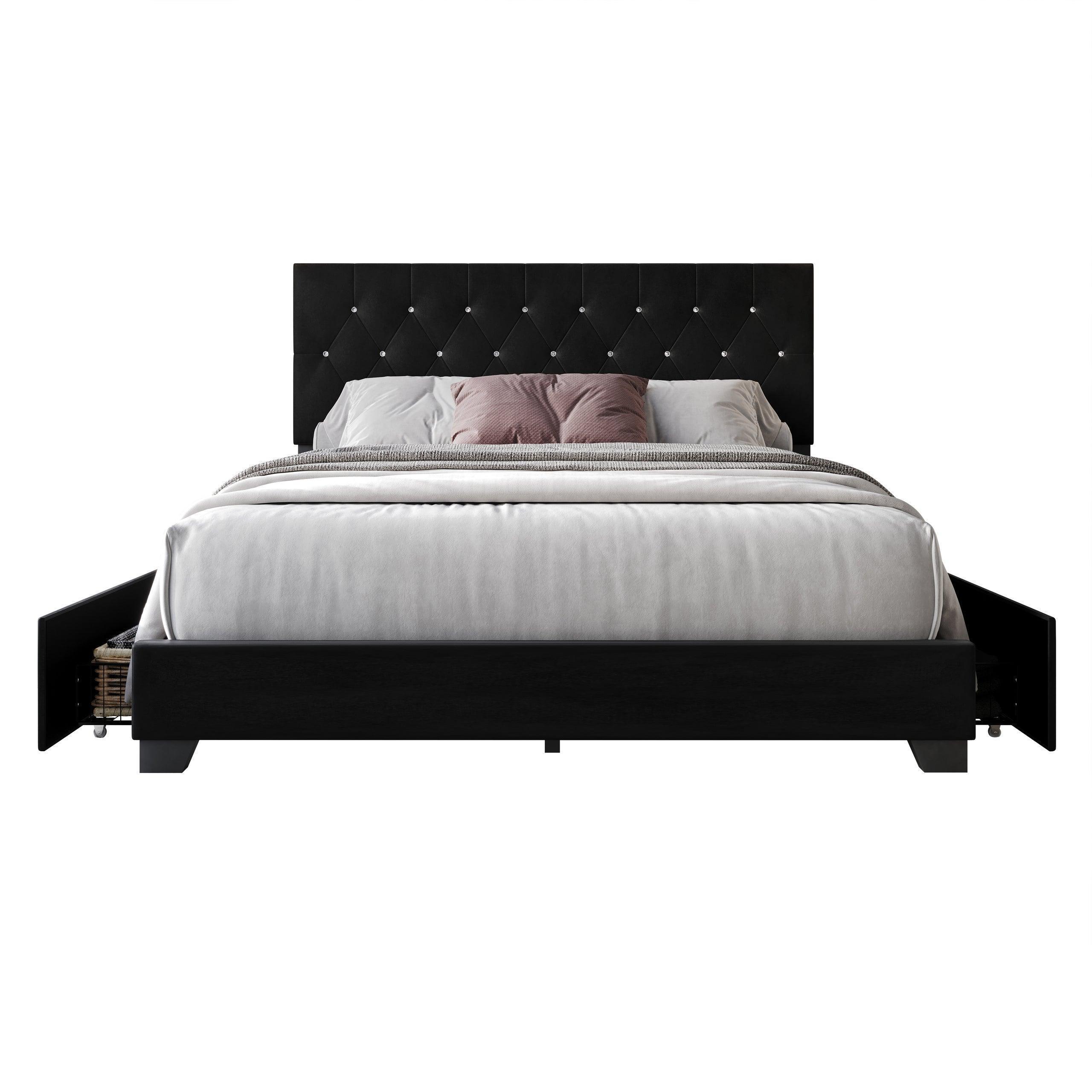 Saddy Black Velvet Upholstered Tufted Platform Queen Bed - Image 3