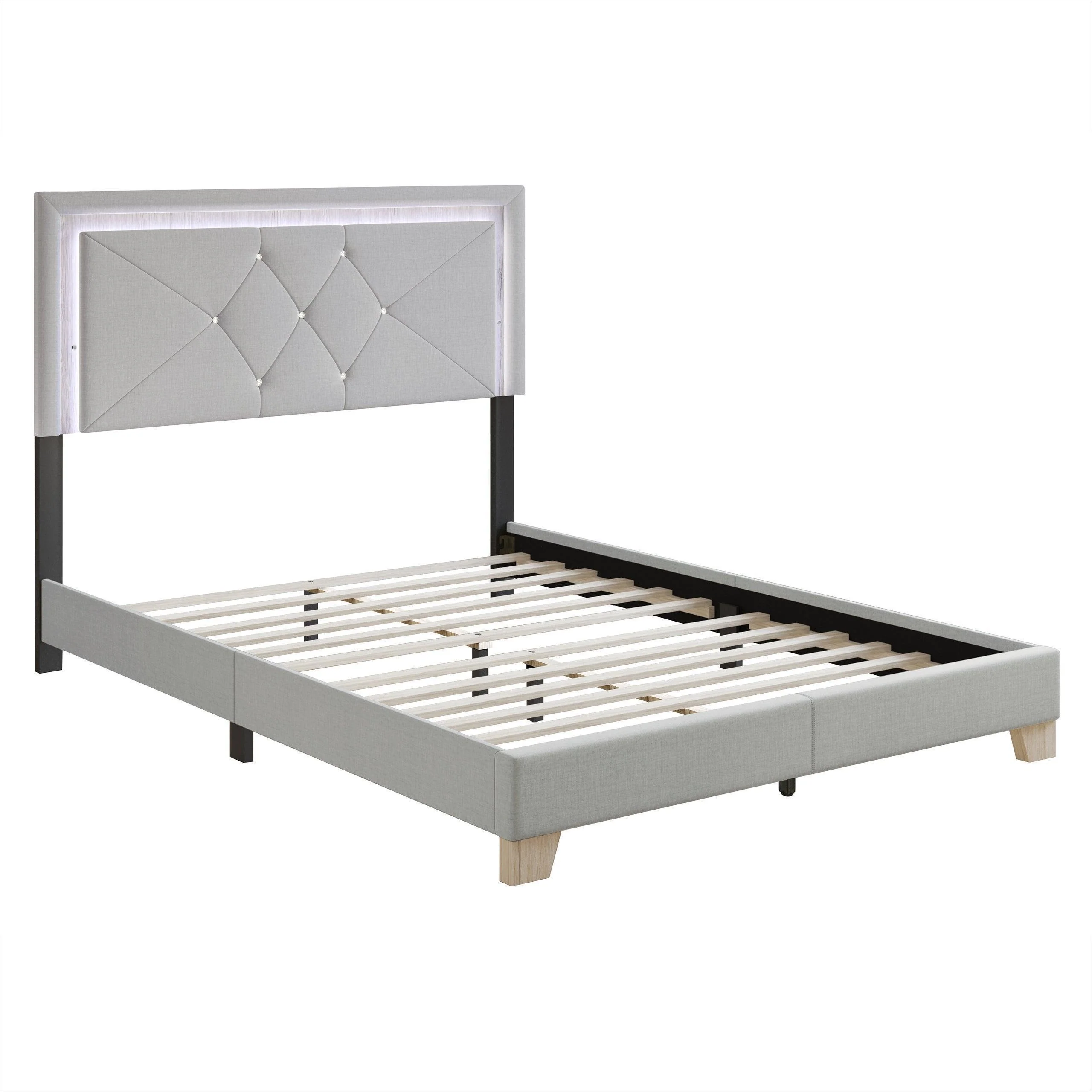 Silver Velvet Upholstered Tufted LED Platform Full Bed - Image 2