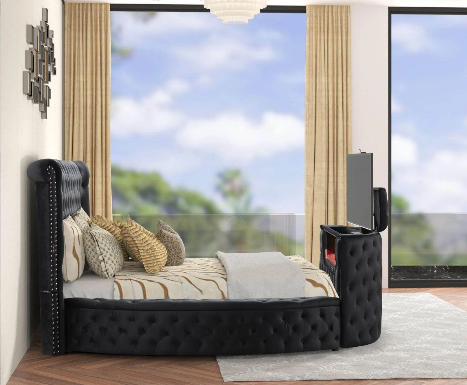 Patron Black Platform Queen Bed w Fireplace - Image 3