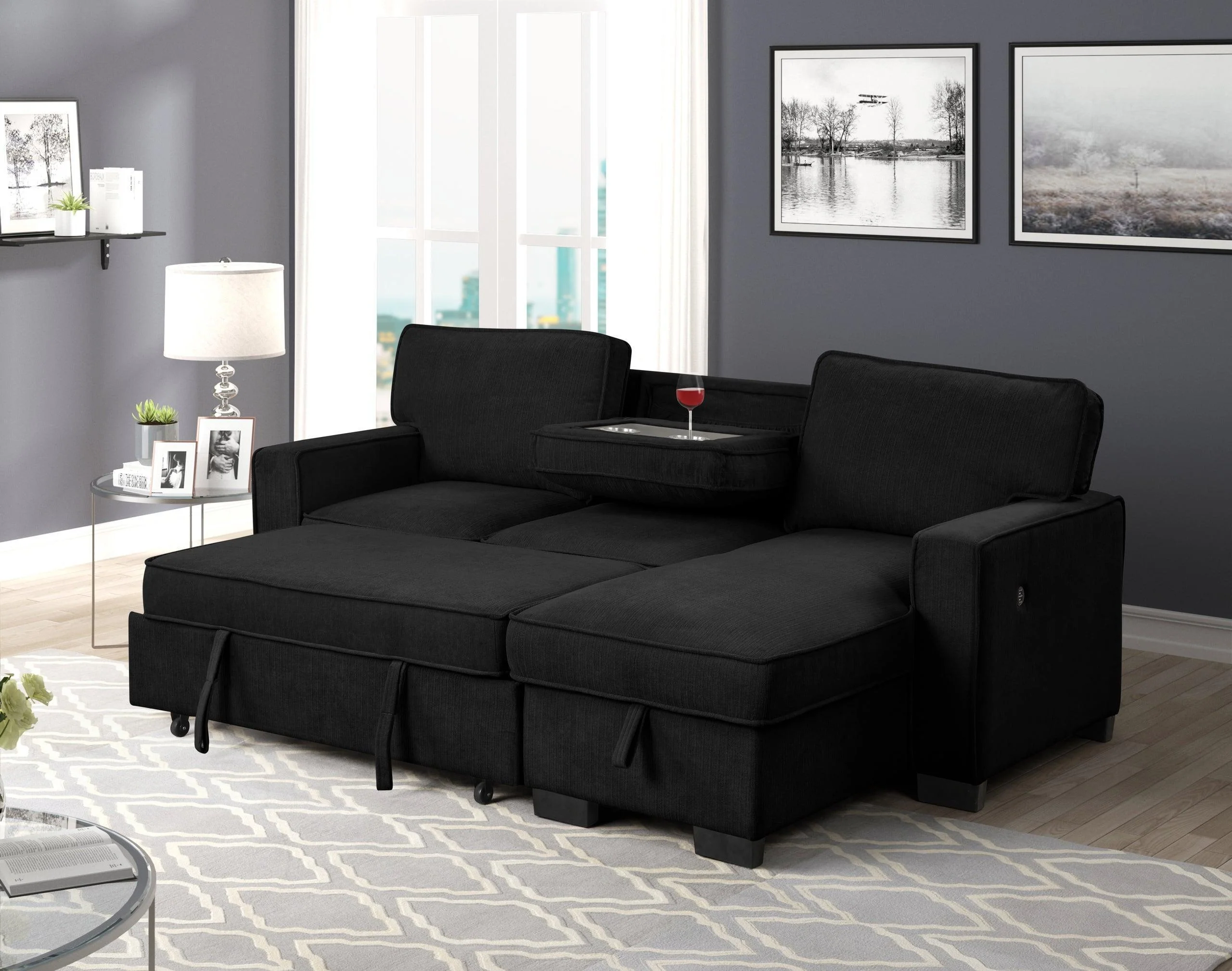 Marcos Black Sectional With Pull-Out Bed - Image 2