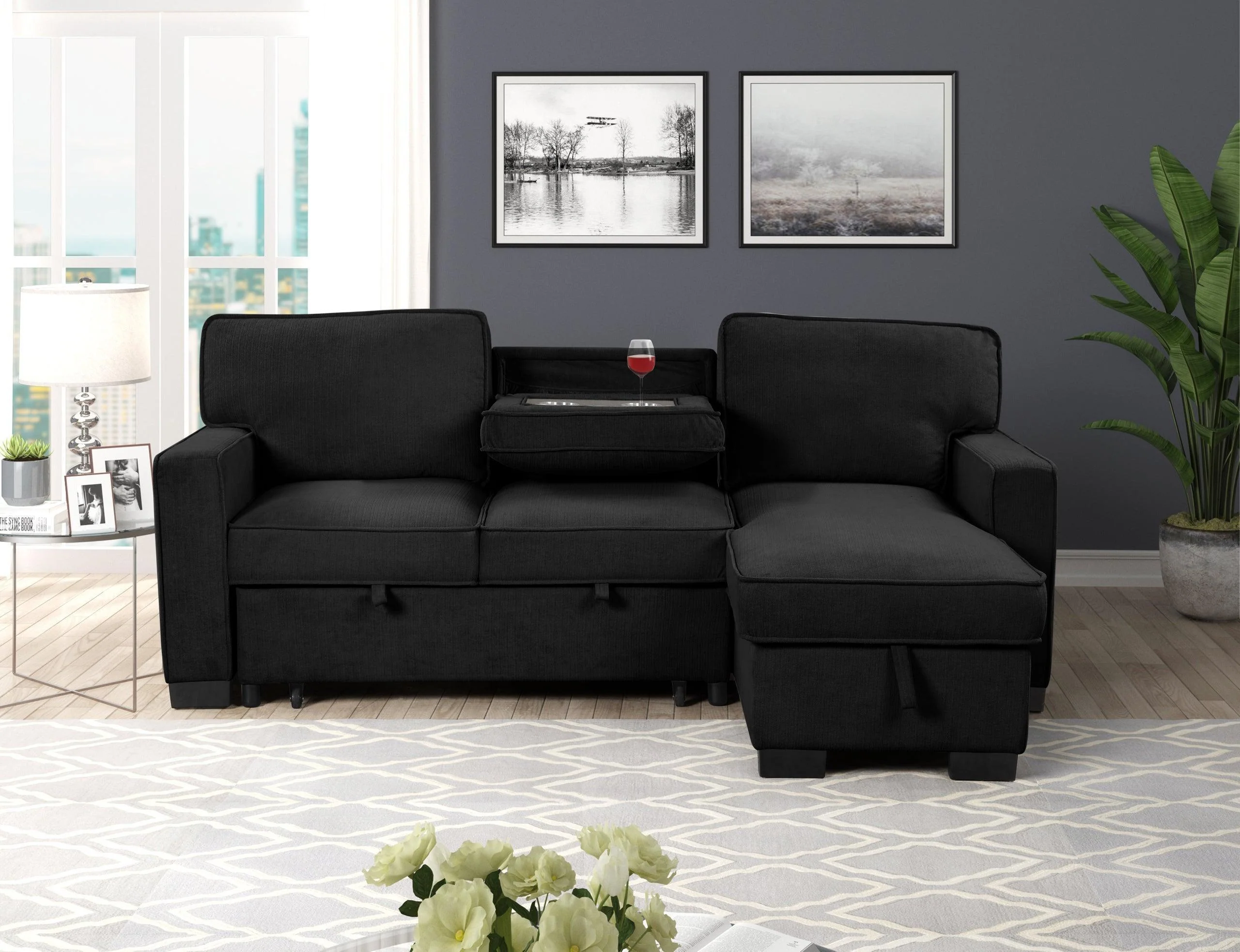 Marcos Black Sectional With Pull-Out Bed - Image 3