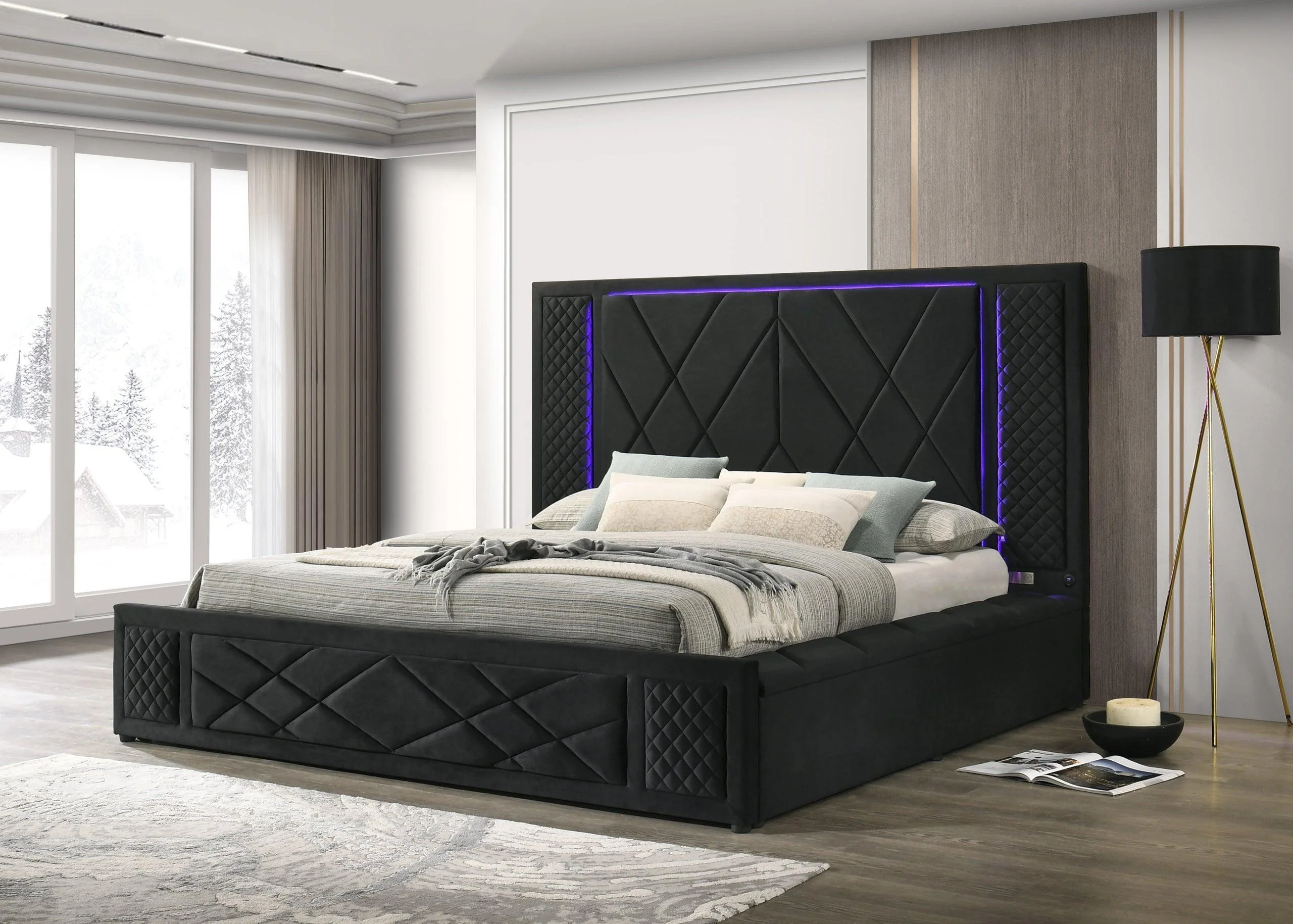 Lorenzo Black Upholstered LED Platform Queen Bed - Image 2
