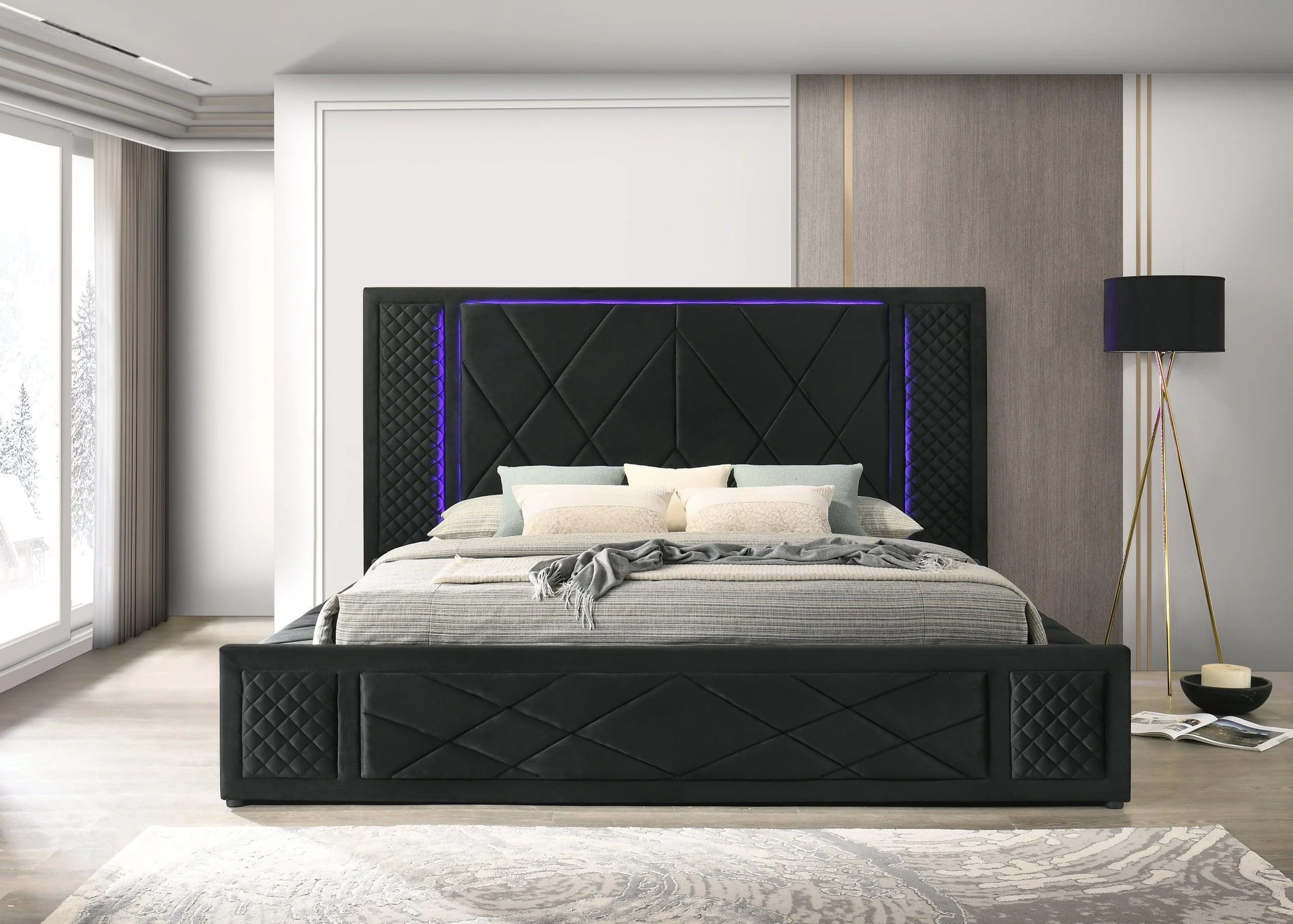 Lorenzo Black Upholstered LED Platform Queen Bed - Image 3