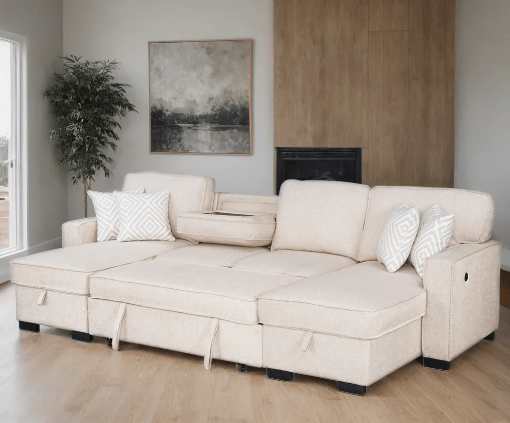 Sahara Beige Double Storage Chaise Sectional w Drop Down Cupholders - Image 2