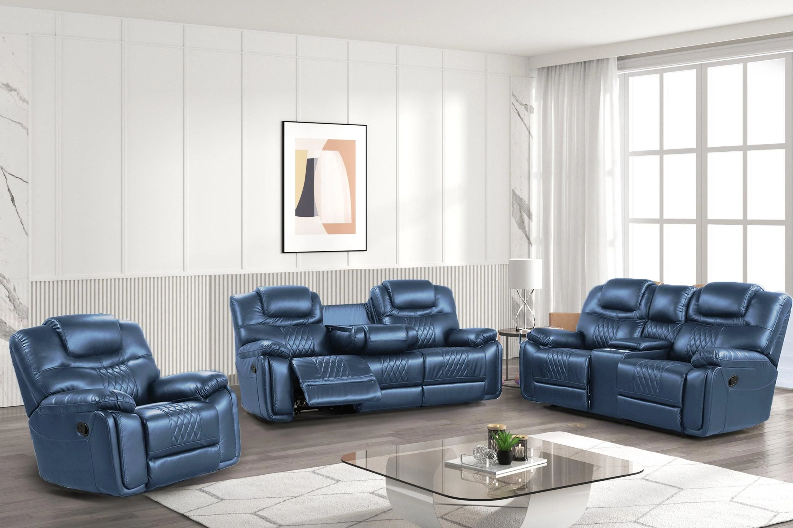 Galveston Blue Faux Leather Oversized 3-Piece Reclining Set - Image 2