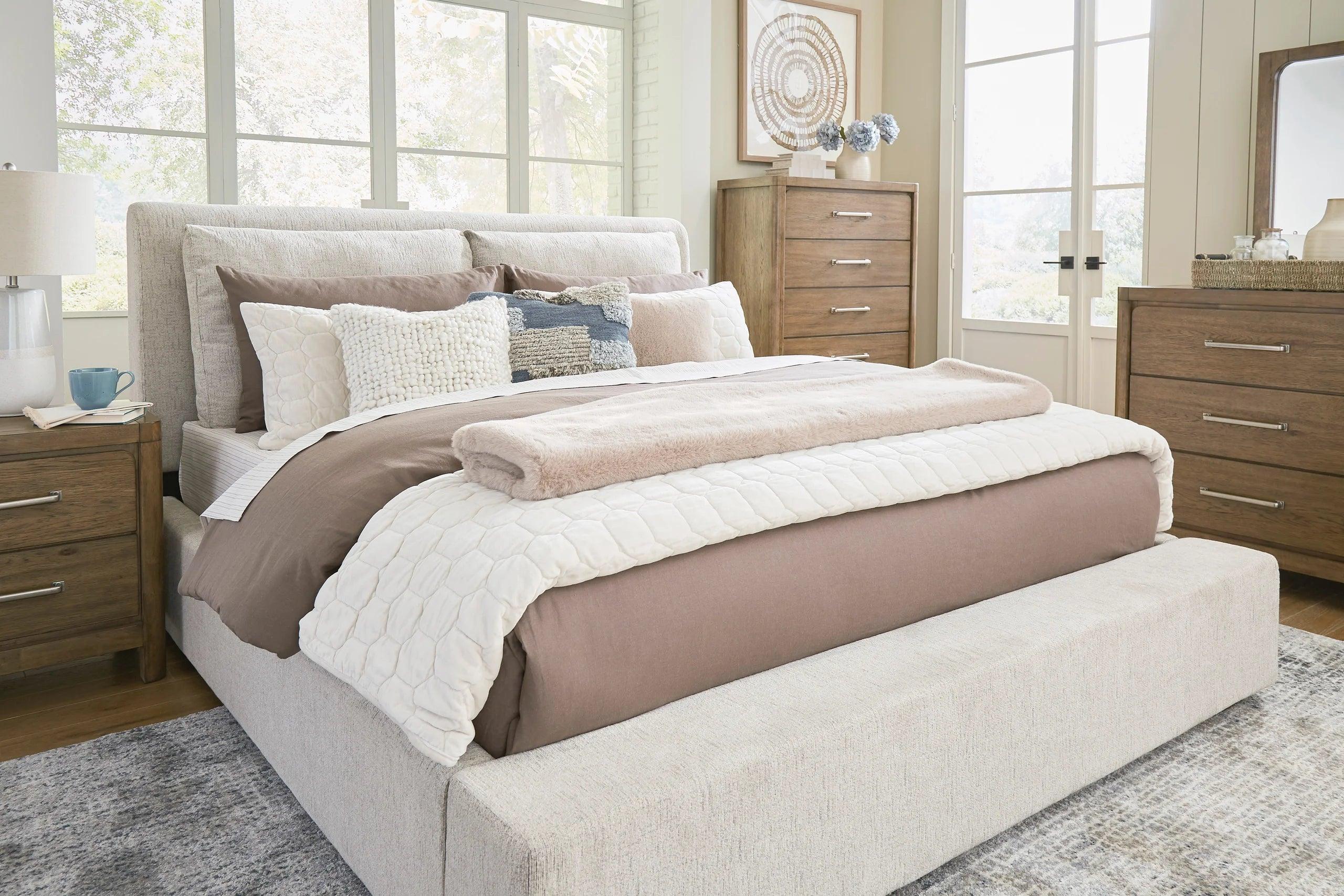 Jully Oatmeal Upholstered Platform Queen Bed - Image 2