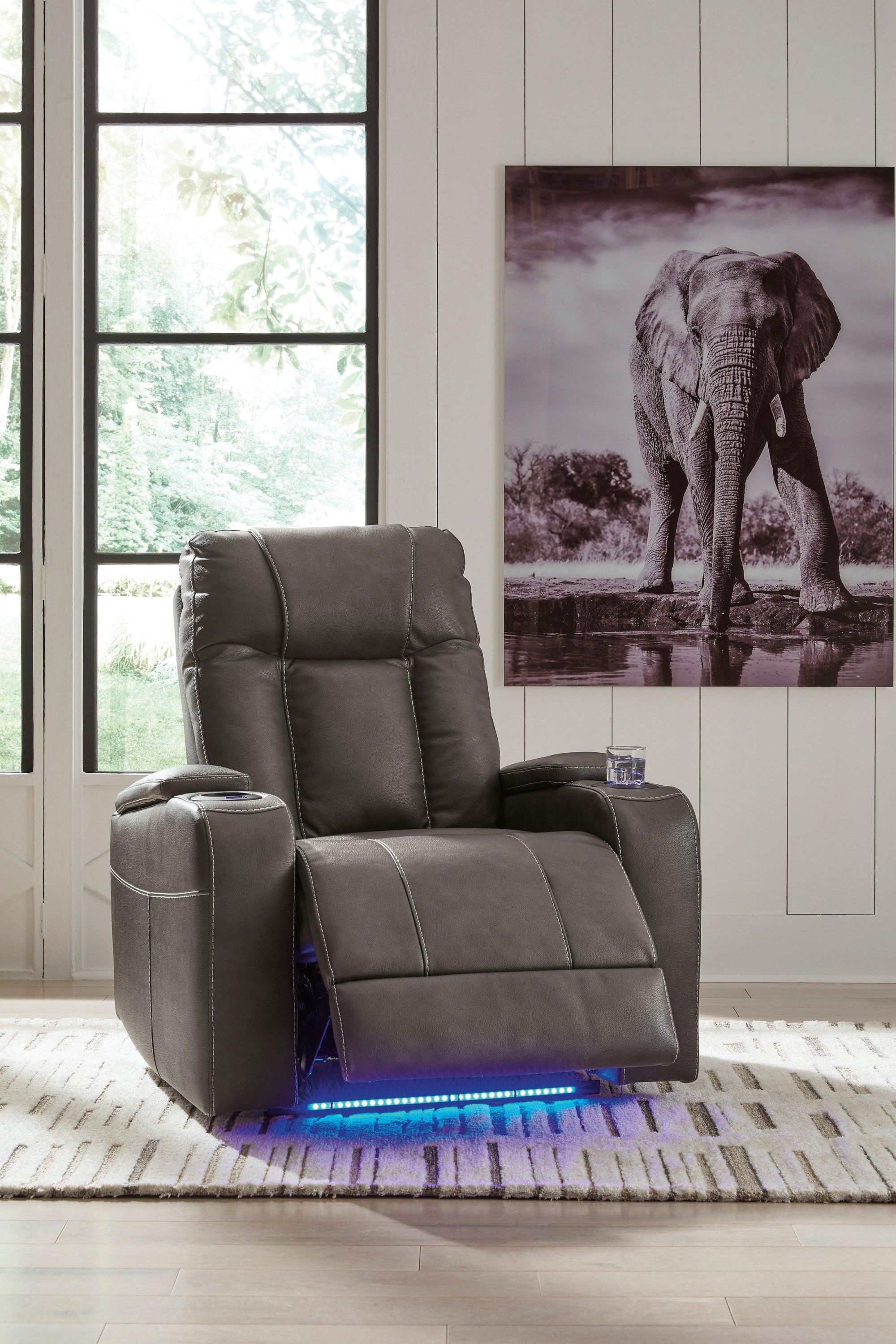 Den Gray Faux Leather Power Recliner w LED & USB Port - Image 2