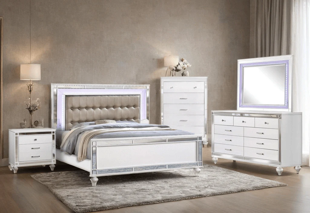 Blanca White Brown Upholstered LED Panel Bedroom Set - Image 2