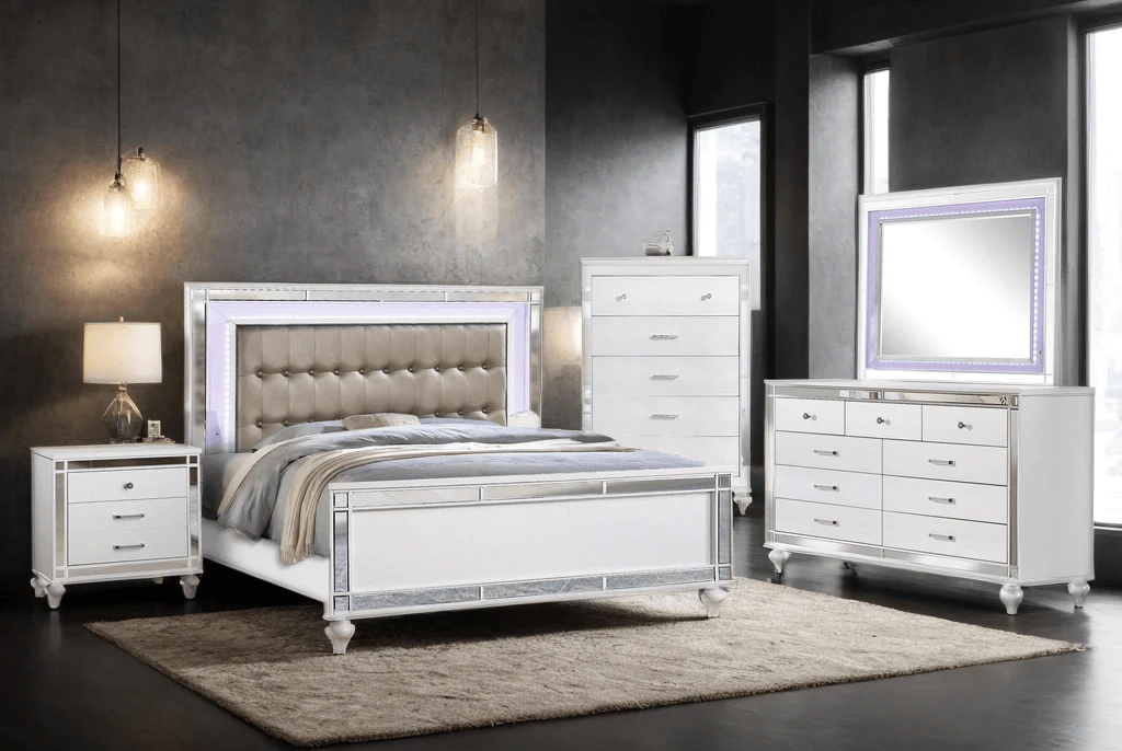 Blanca White Brown Upholstered LED Panel Bedroom Set - Image 3