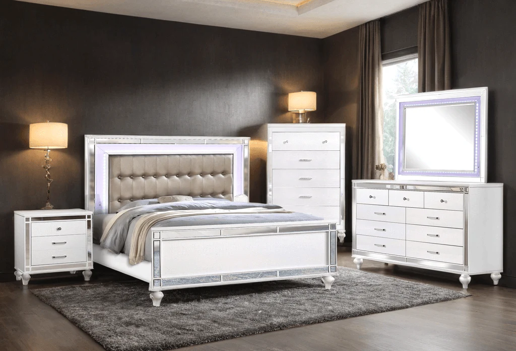 Blanca White Brown Upholstered LED Panel Bedroom Set - Image 1