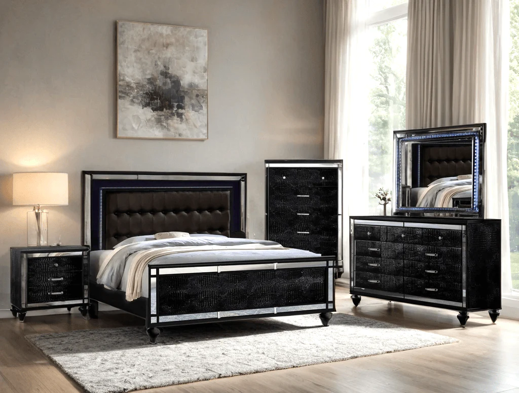 Blanca Black Brown Upholstered LED Panel Bedroom Set - Image 1