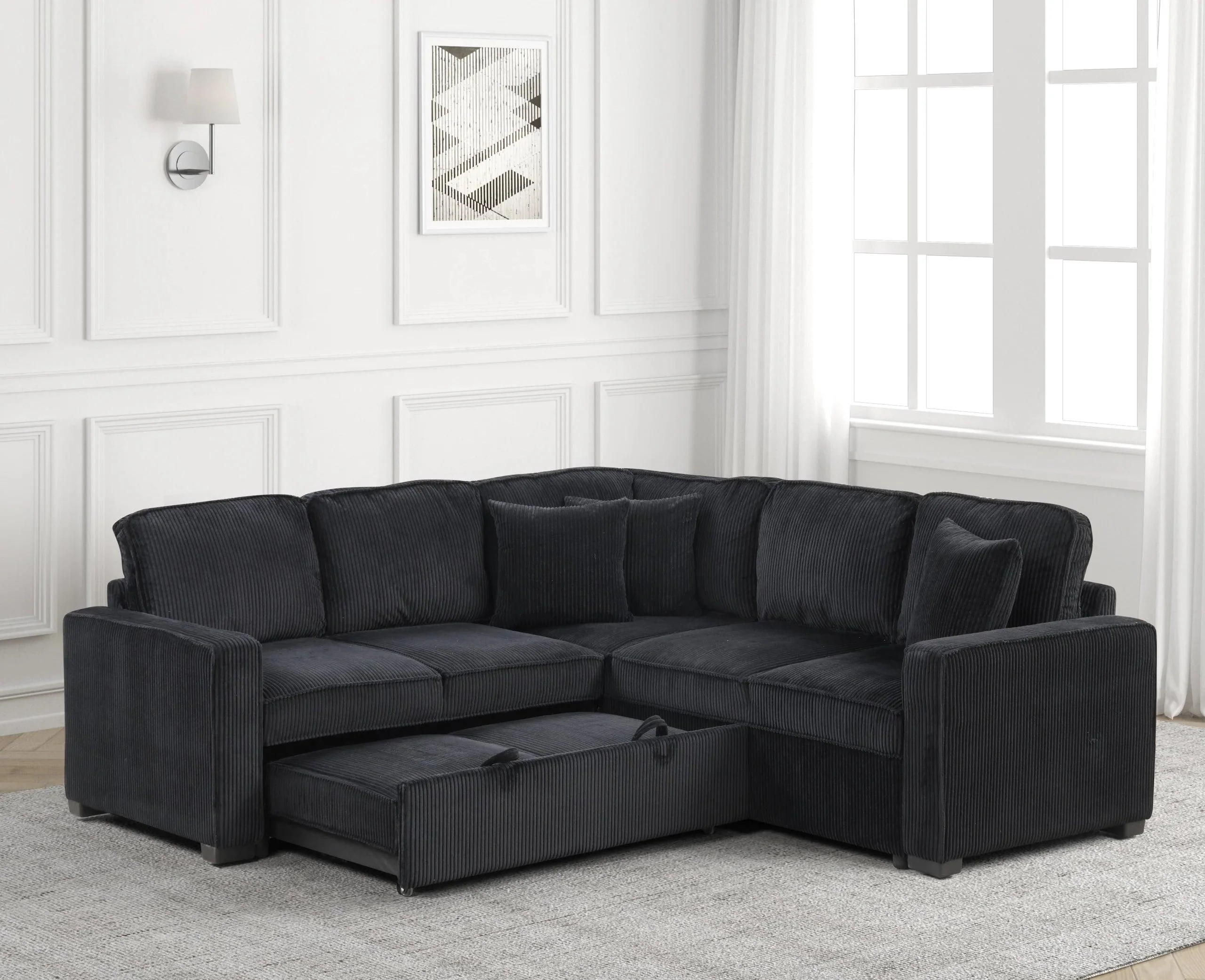 Ariel Black Sectional w Pull-Out Bed - Image 2